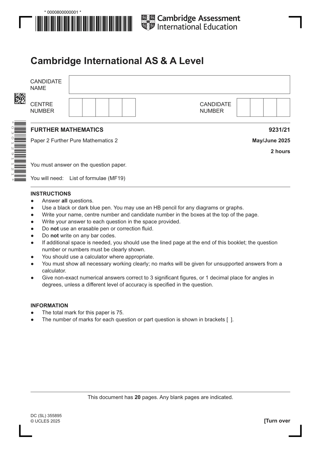 Cambridge A Level Mathematics - Further 9231 2025 May/June Paper 2 · Variant 1 question paper, page 1 of 20