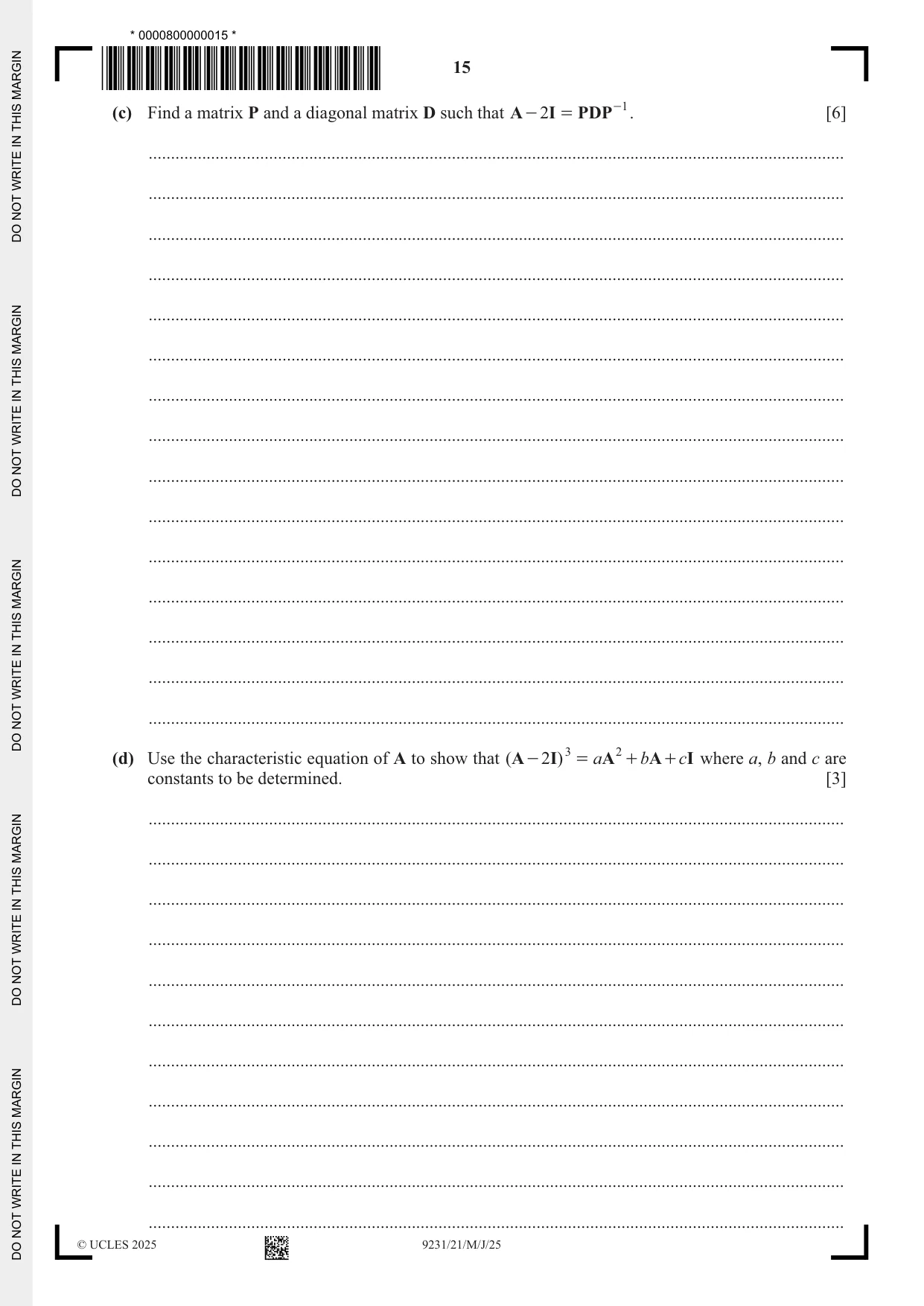 Cambridge A Level Mathematics - Further 9231 2025 May/June Paper 2 · Variant 1 question paper, page 15 of 20