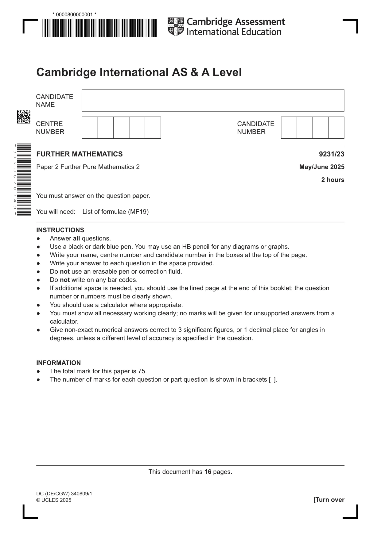 Cambridge A Level Mathematics - Further 9231 2025 May/June Paper 2 · Variant 3 question paper, page 1 of 16