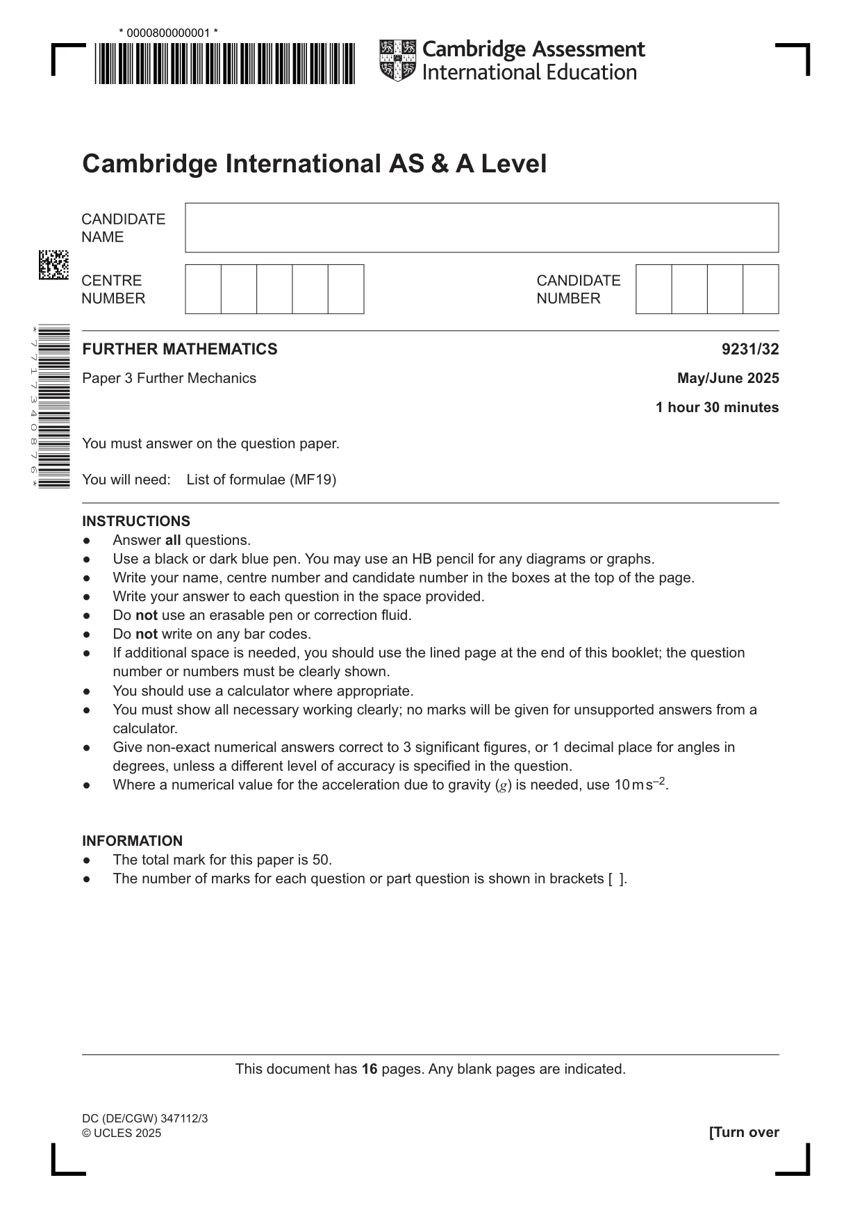 Cambridge A Level Mathematics - Further 9231 2025 May/June Paper 3 · Variant 2 question paper, page 1 of 16
