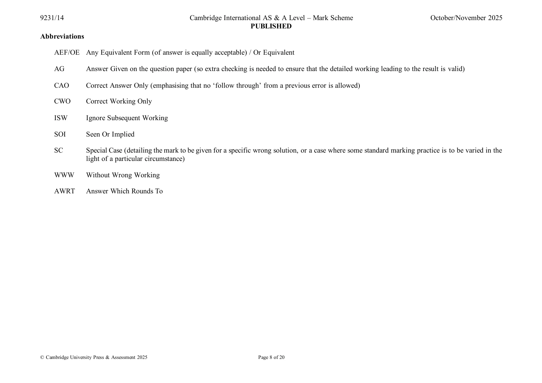 Mark scheme, page 8 of 20