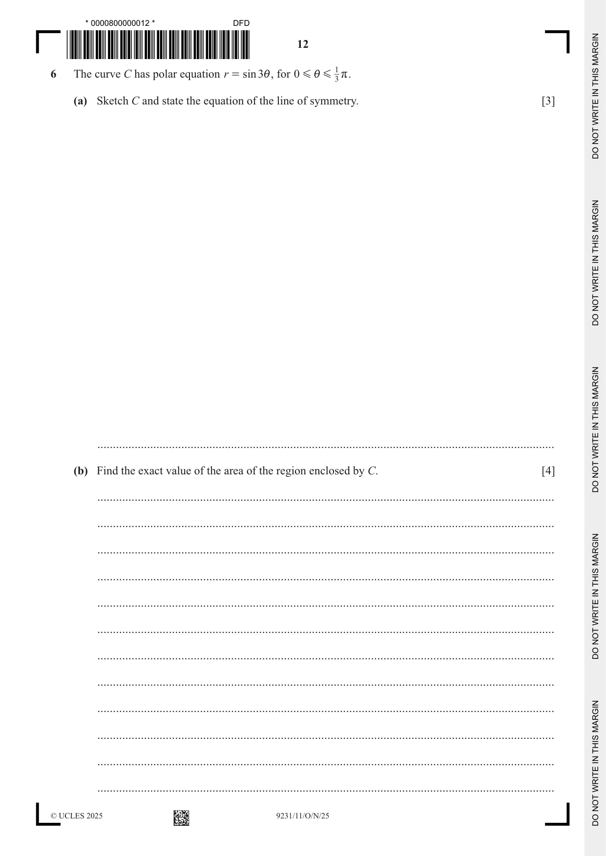 Cambridge A Level Mathematics - Further 9231 2025 Oct/Nov Paper 1 · Variant 1 question paper, page 12 of 20