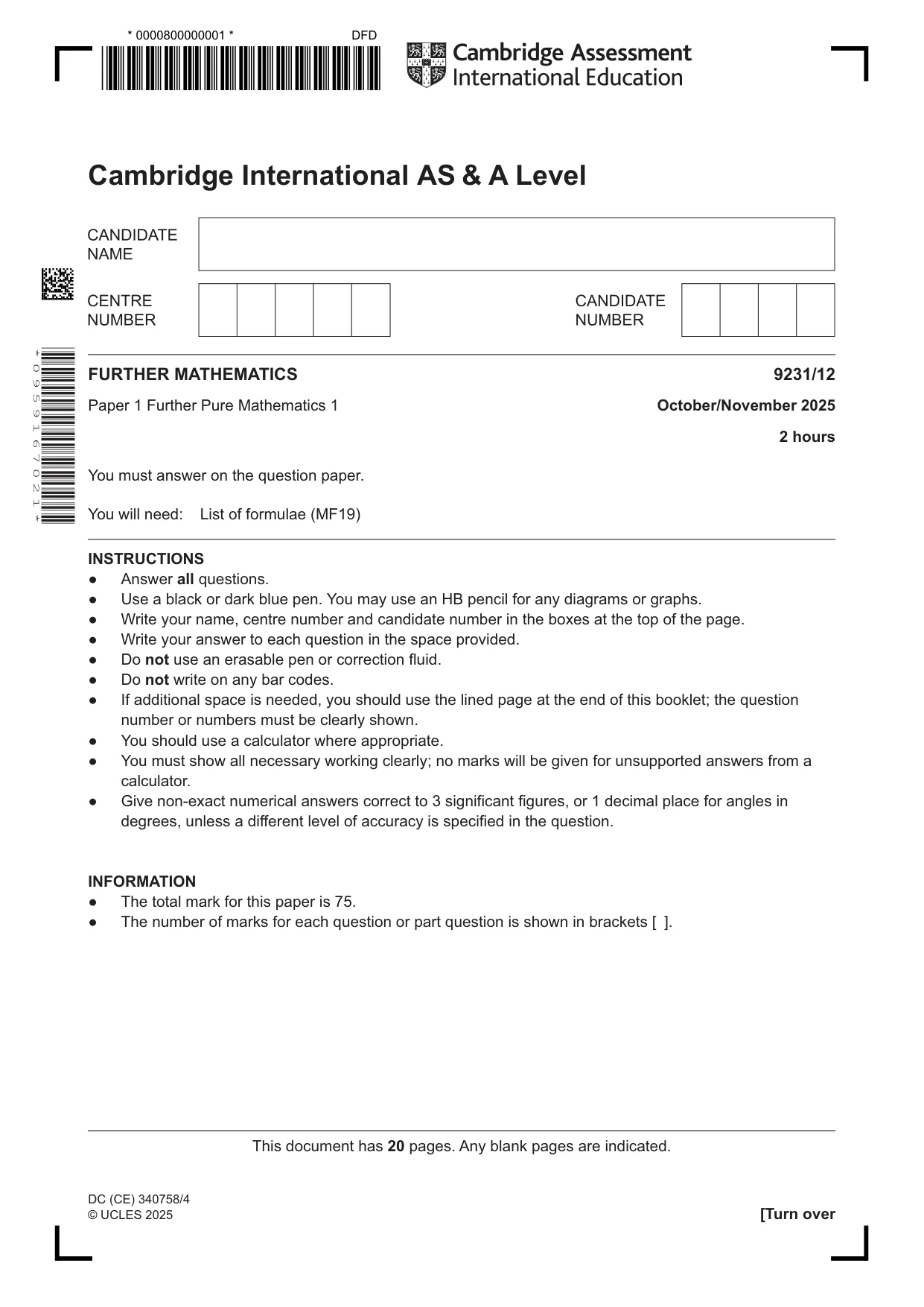 Cambridge A Level Mathematics - Further 9231 2025 Oct/Nov Paper 1 · Variant 2 question paper, page 1 of 20