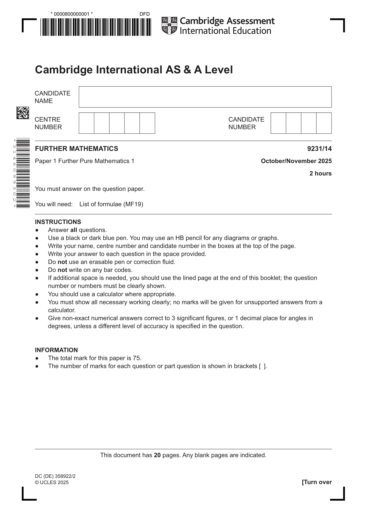 Cambridge A Level Mathematics - Further 9231 2025 Oct/Nov Paper 1 · Variant 4 question paper, page 1 of 20