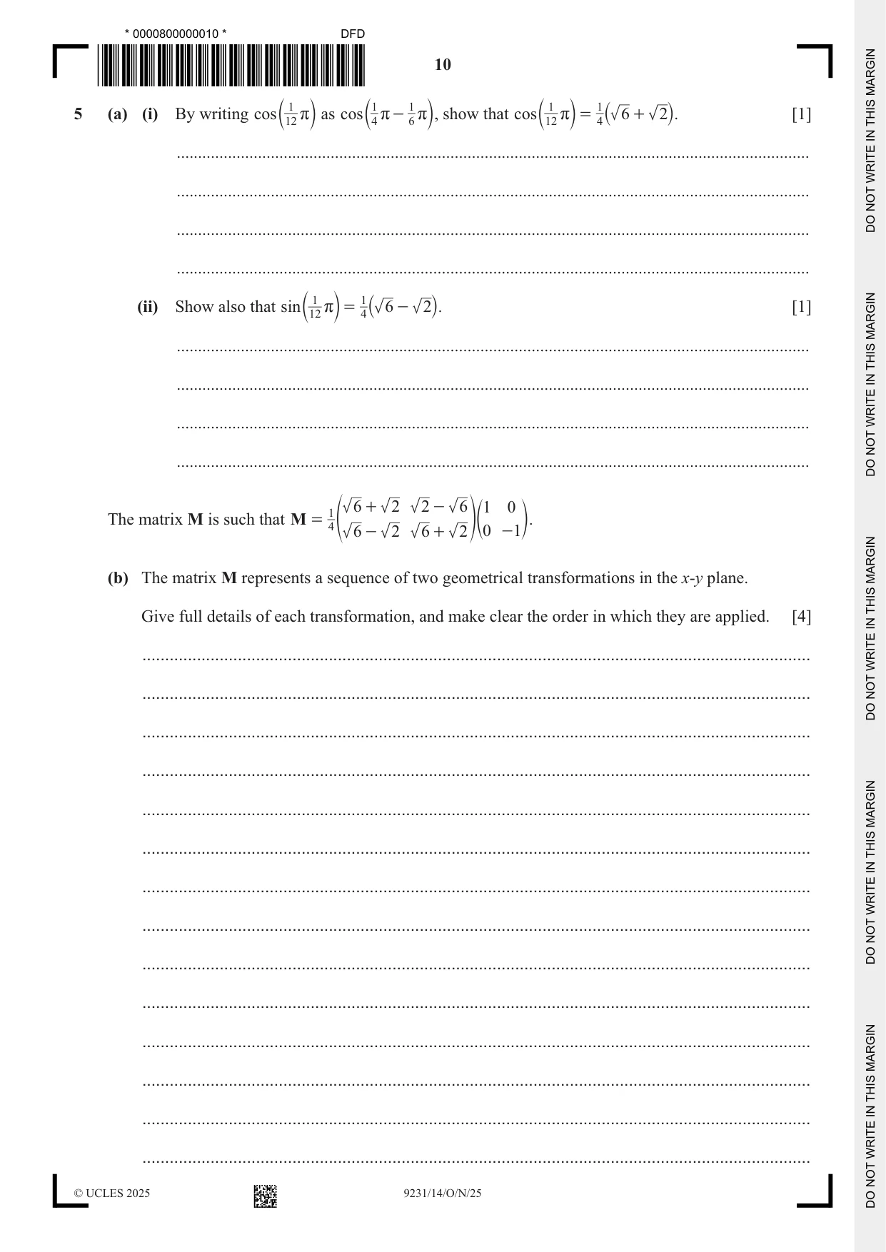 Cambridge A Level Mathematics - Further 9231 2025 Oct/Nov Paper 1 · Variant 4 question paper, page 10 of 20