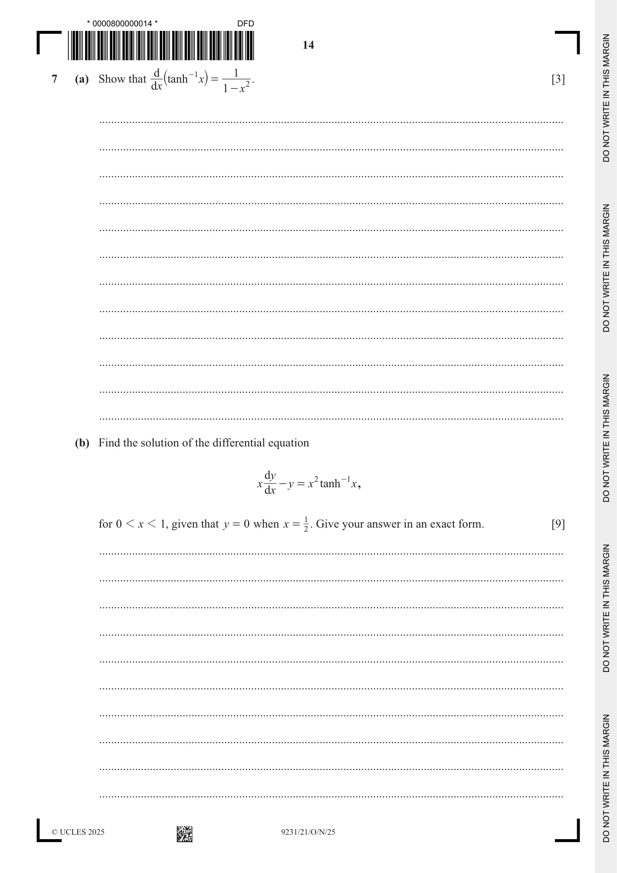 Cambridge A Level Mathematics - Further 9231 2025 Oct/Nov Paper 2 · Variant 1 question paper, page 14 of 20