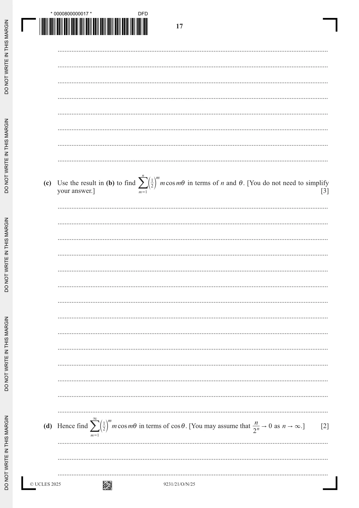 Cambridge A Level Mathematics - Further 9231 2025 Oct/Nov Paper 2 · Variant 1 question paper, page 17 of 20
