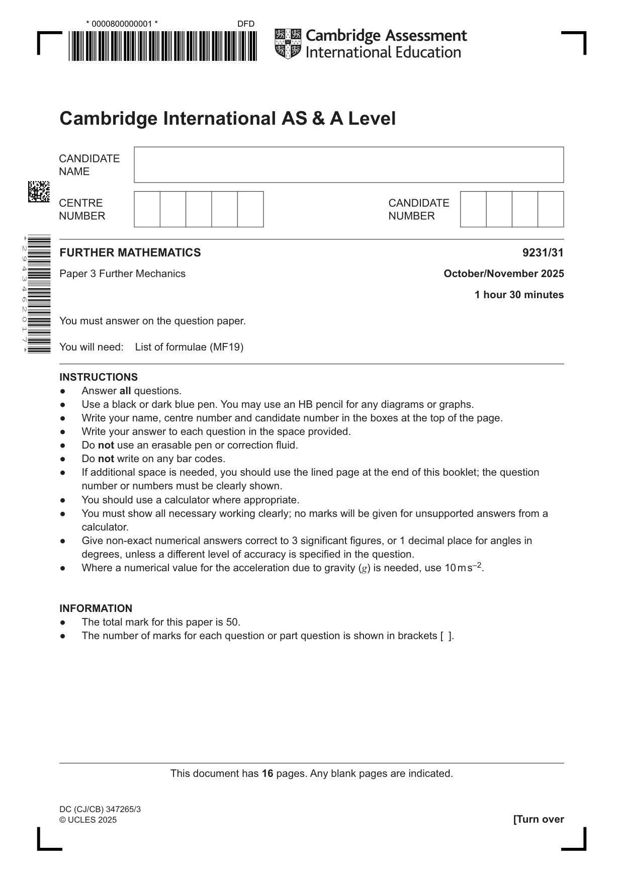 Cambridge A Level Mathematics - Further 9231 2025 Oct/Nov Paper 3 · Variant 1 question paper, page 1 of 16