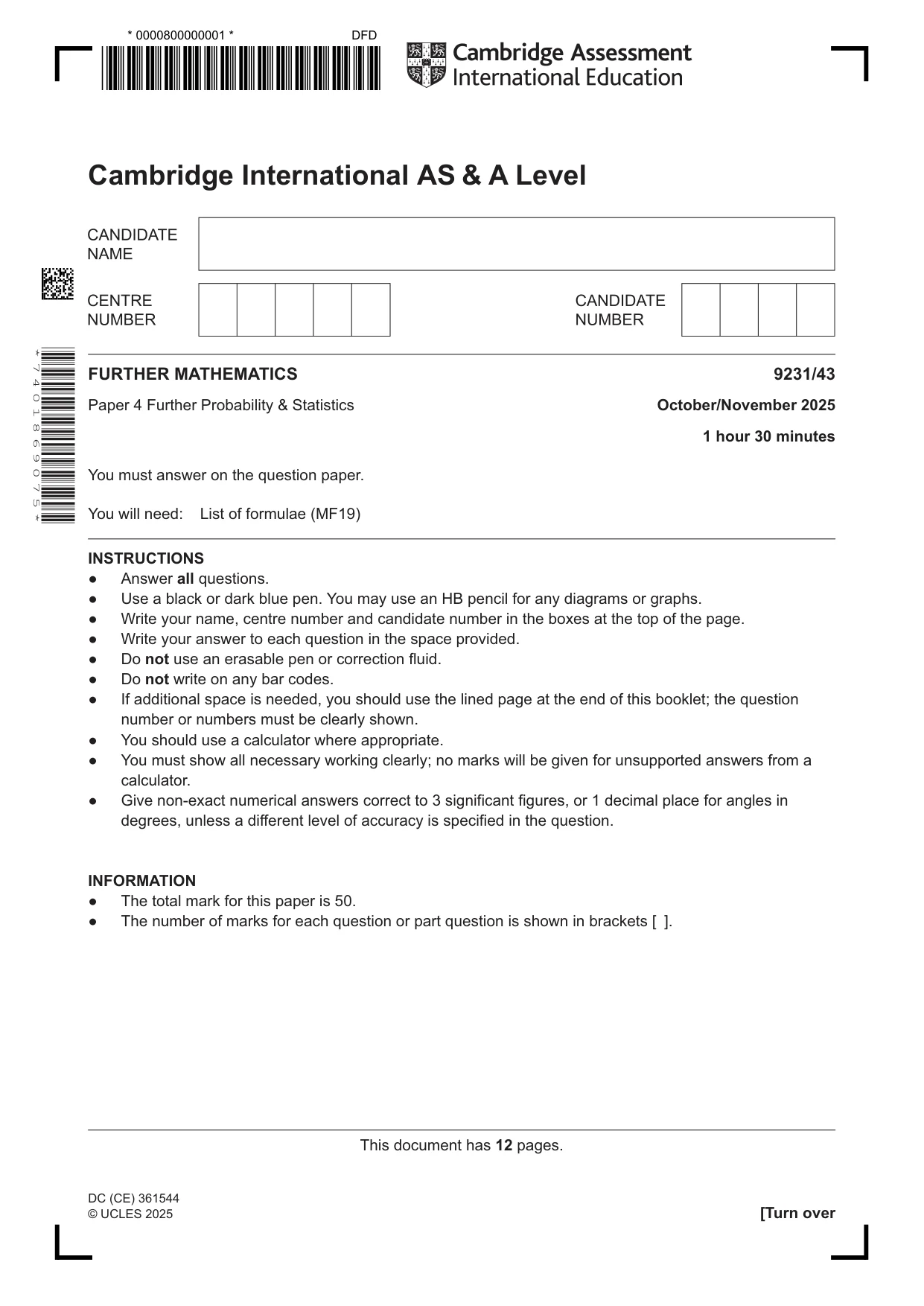 Cambridge A Level Mathematics - Further 9231 2025 Oct/Nov Paper 4 · Variant 3 question paper, page 1 of 12
