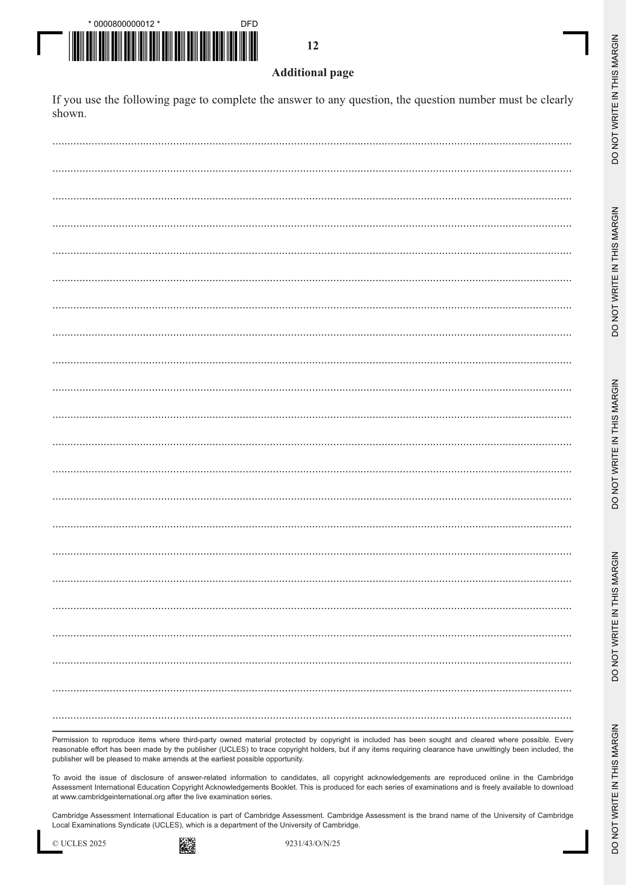 Cambridge A Level Mathematics - Further 9231 2025 Oct/Nov Paper 4 · Variant 3 question paper, page 12 of 12