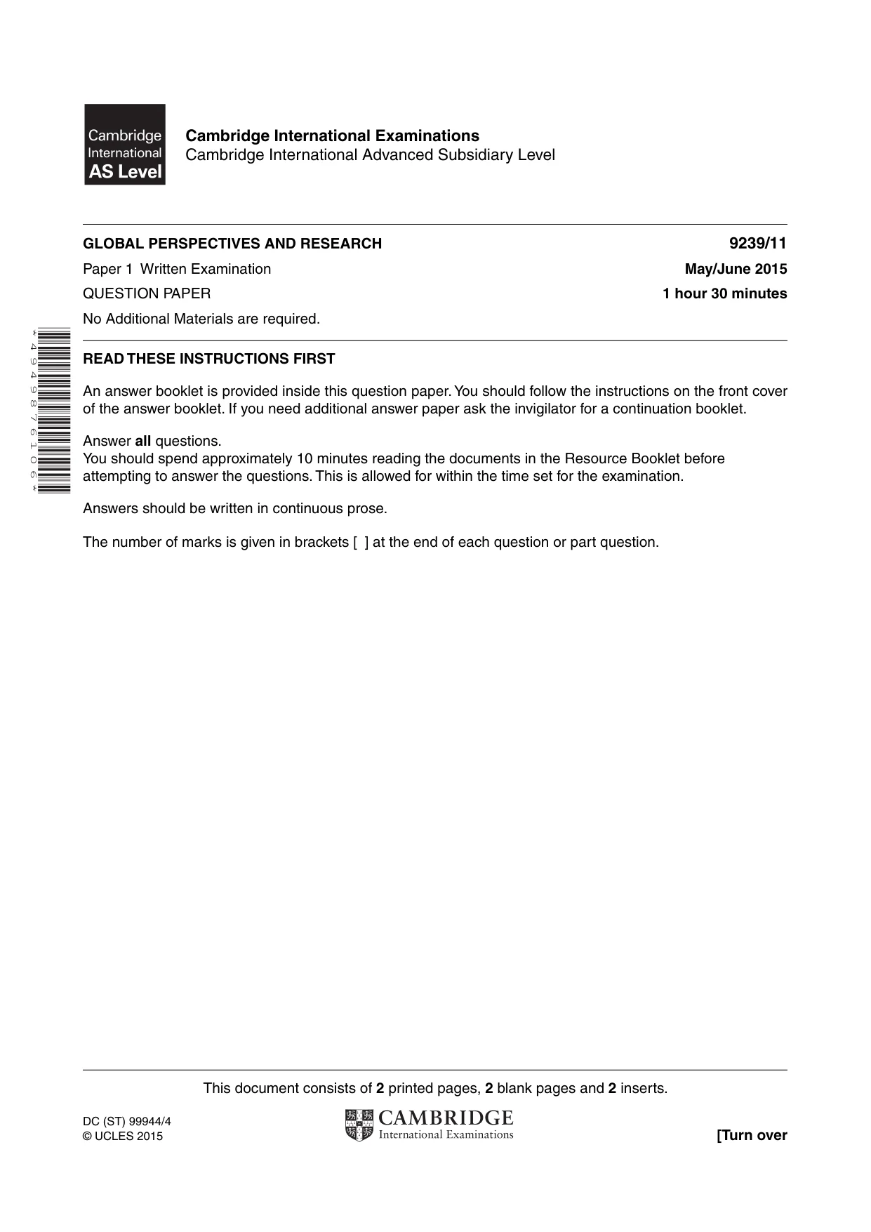 Cambridge A Level Global Perspectives and Research 9239 2015 May/June Paper 1 · Variant 1 question paper, page 1 of 4