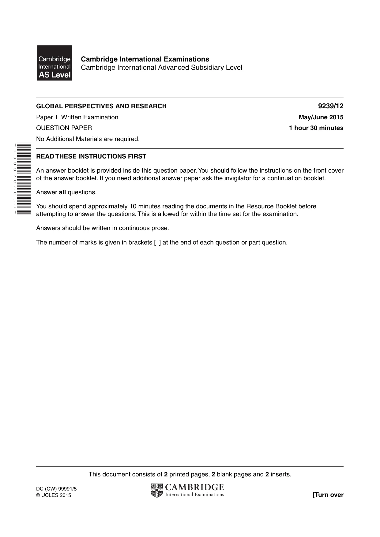 Cambridge A Level Global Perspectives and Research 9239 2015 May/June Paper 1 · Variant 2 question paper, page 1 of 4