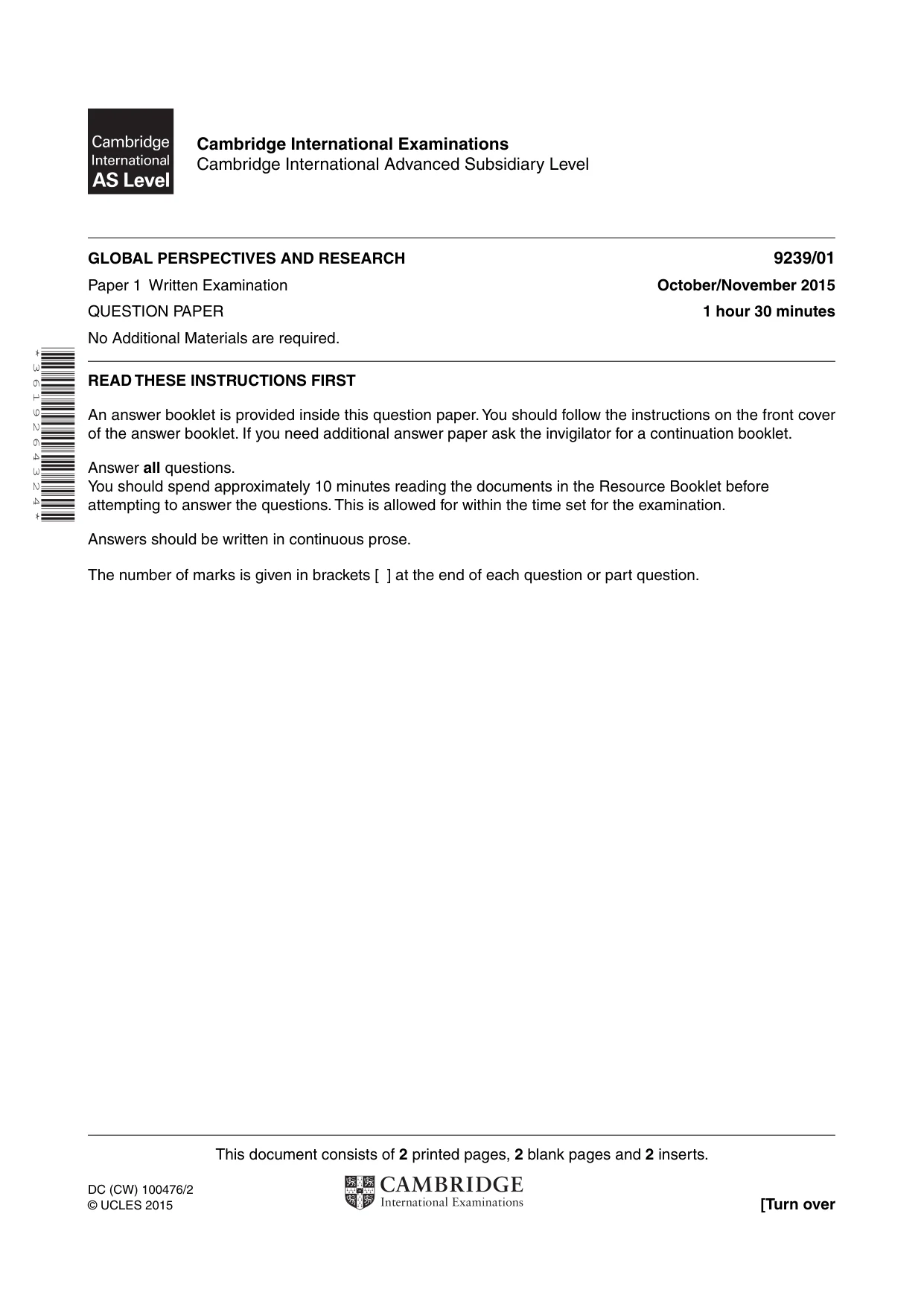 Cambridge A Level Global Perspectives and Research 9239 2015 Oct/Nov Paper 1 · Variant 0 question paper, page 1 of 4