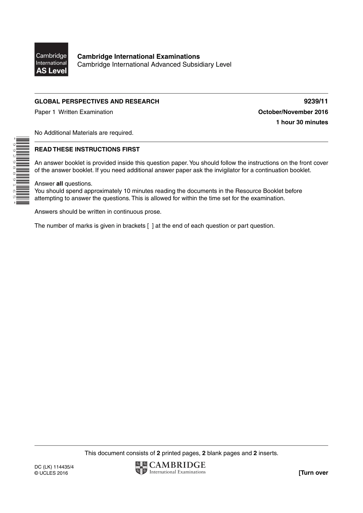 Cambridge A Level Global Perspectives and Research 9239 2016 Oct/Nov Paper 1 · Variant 1 question paper, page 1 of 4