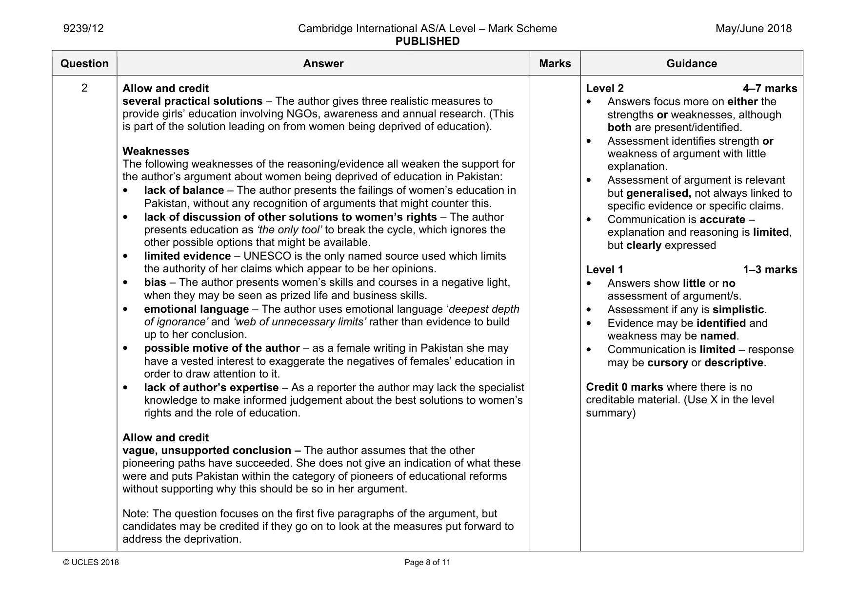 Mark scheme, page 8 of 11