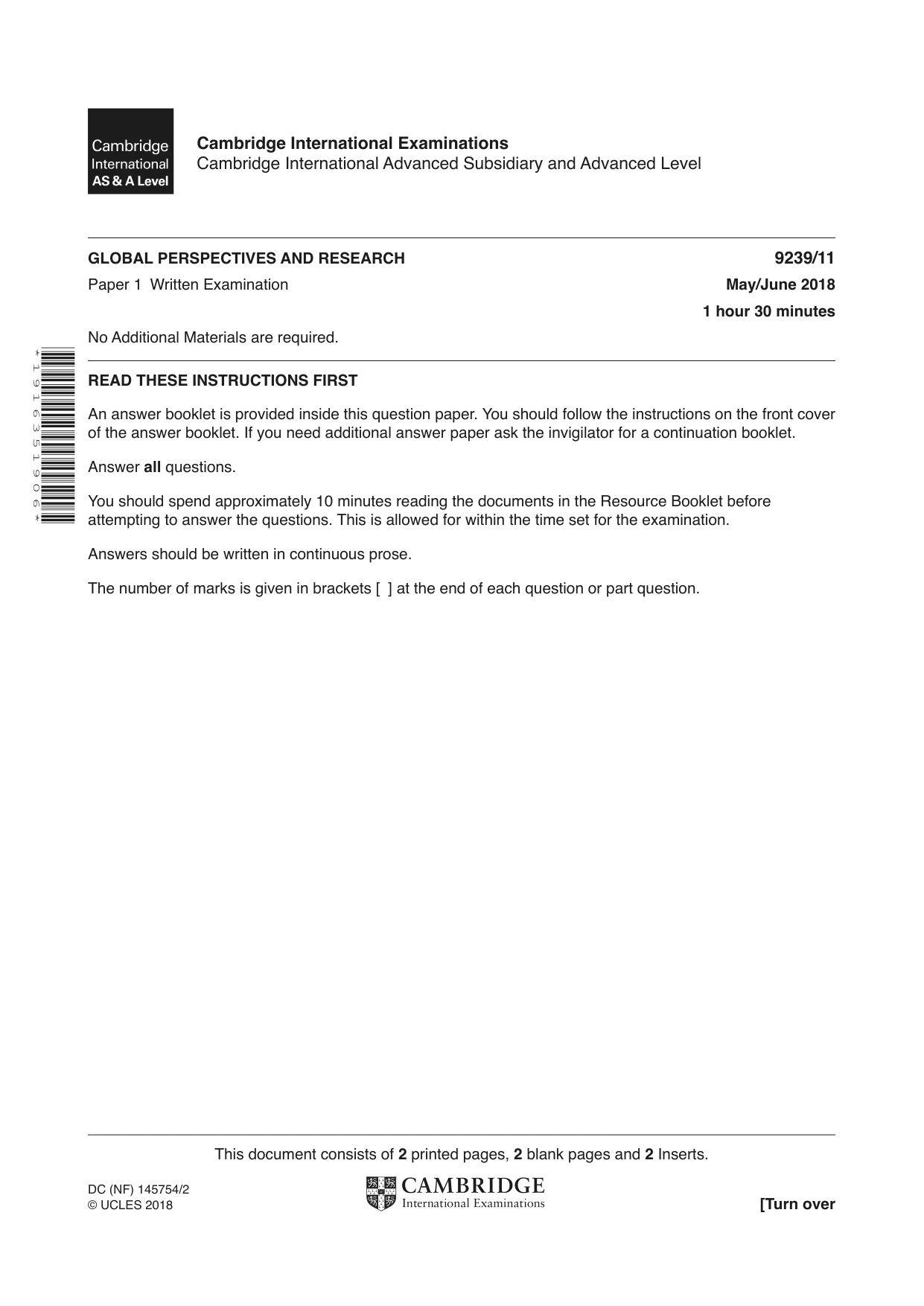 Cambridge A Level Global Perspectives and Research 9239 2018 May/June Paper 1 · Variant 1 question paper, page 1 of 4