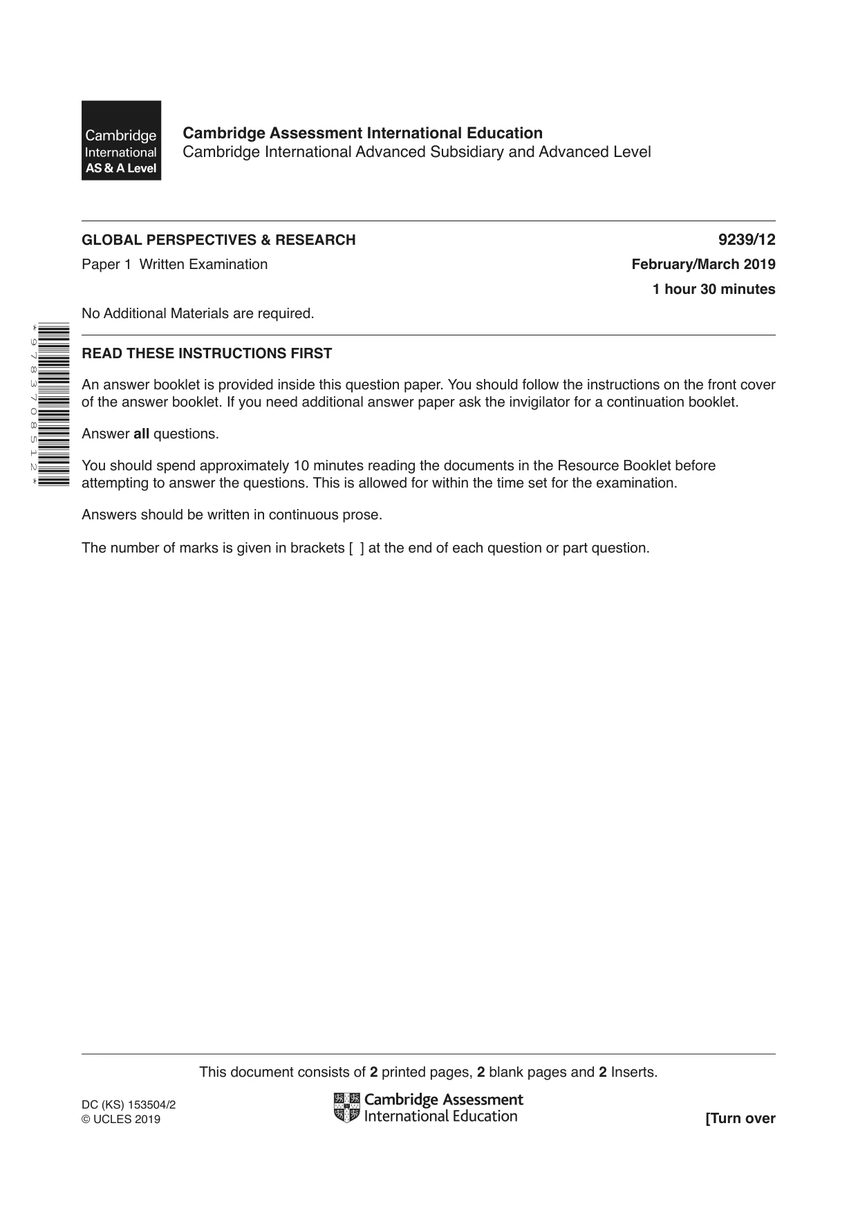 Cambridge A Level Global Perspectives and Research 9239 2019 Feb/March Paper 1 · Variant 2 question paper, page 1 of 4