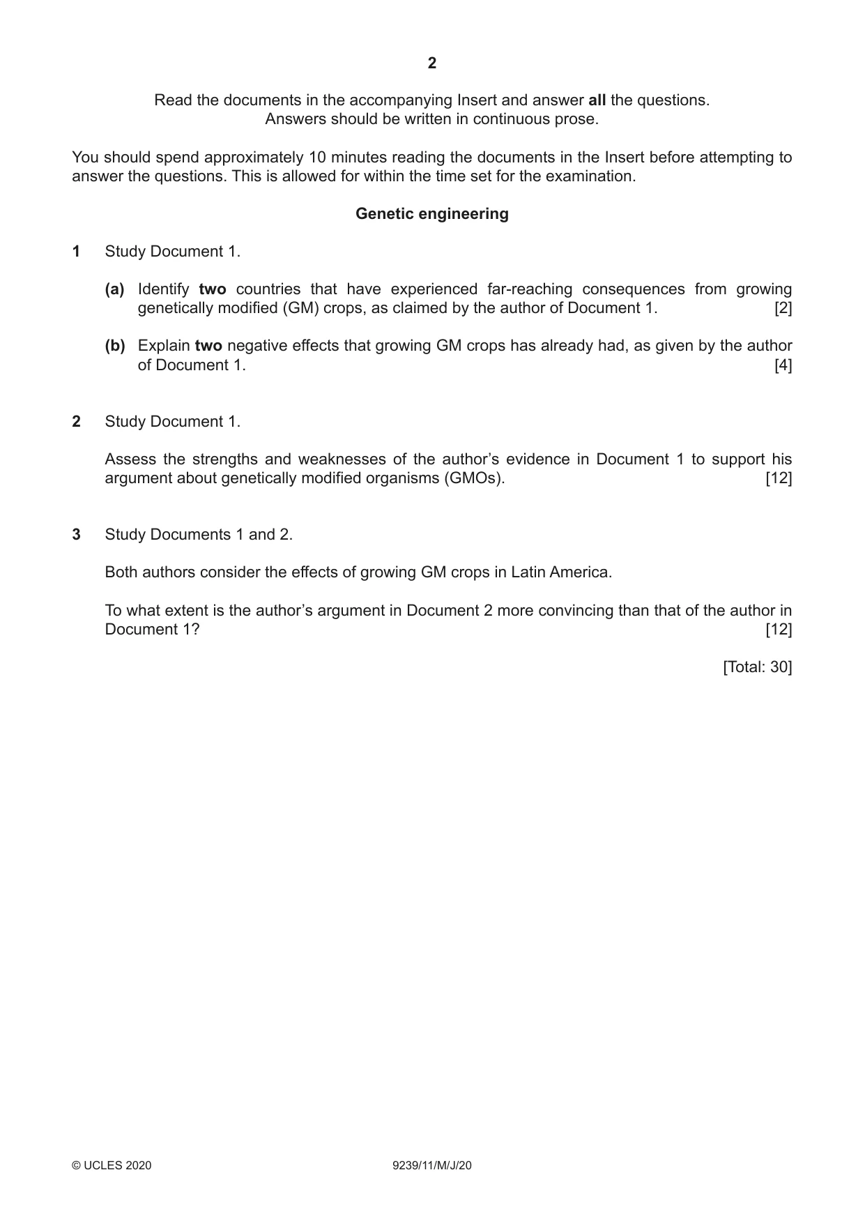 Cambridge A Level Global Perspectives and Research 9239 2020 May/June Paper 1 · Variant 1 question paper, page 2 of 4