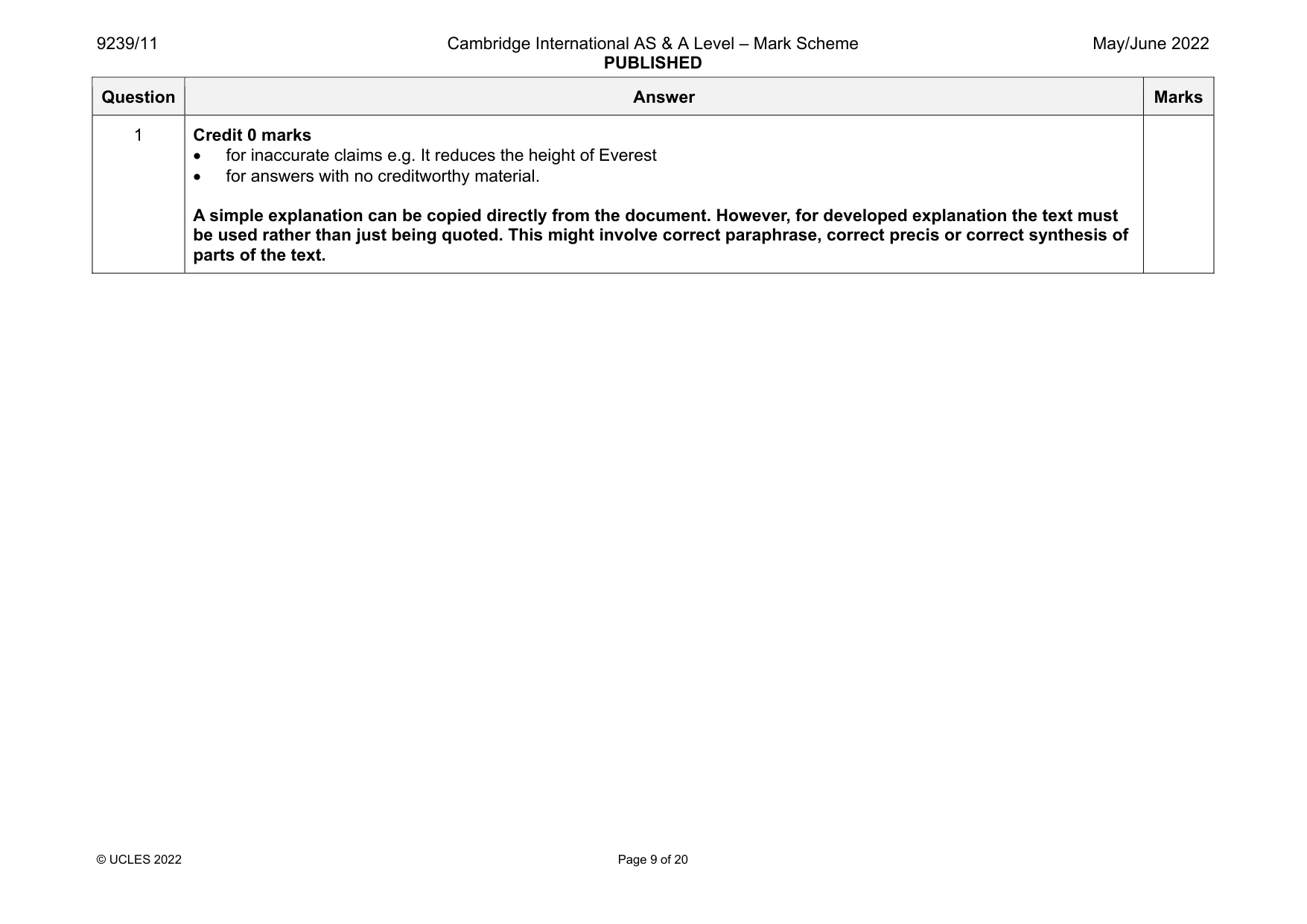 Mark scheme, page 9 of 20