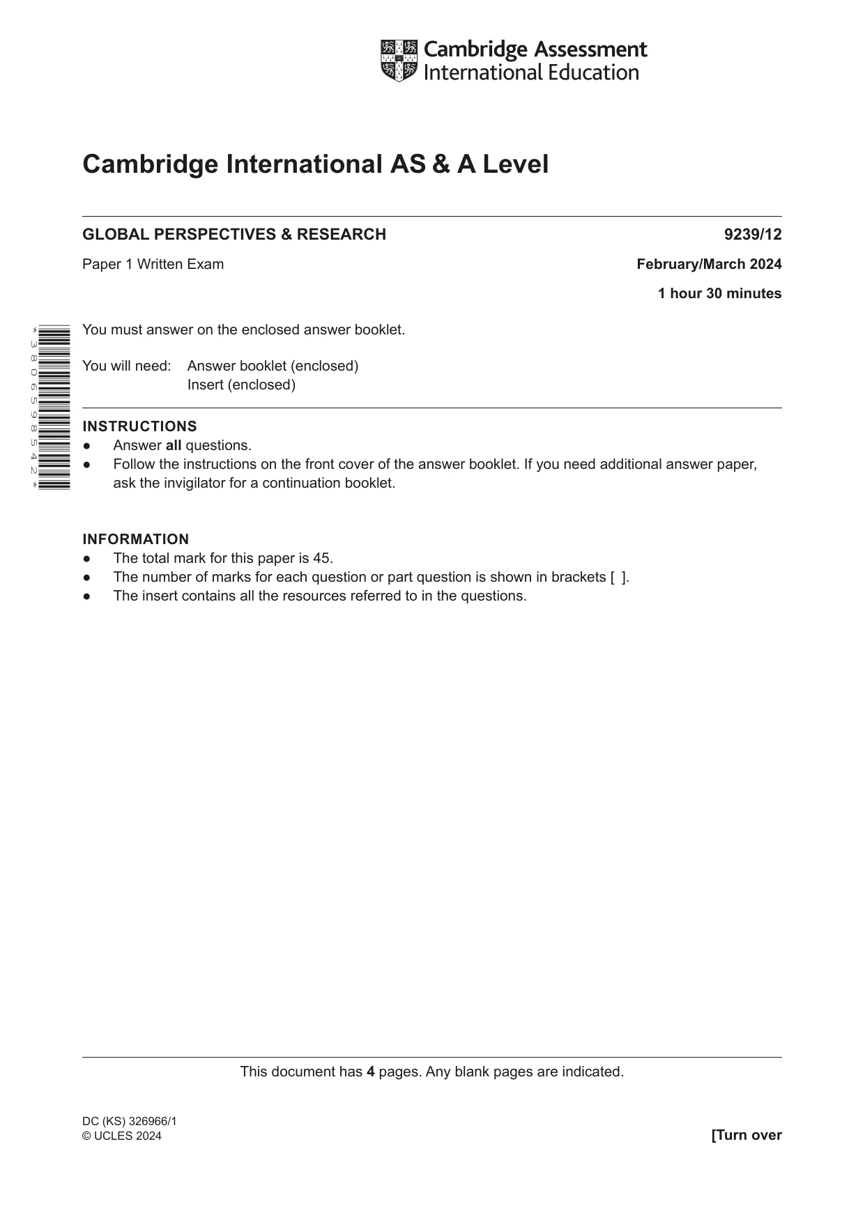 Cambridge A Level Global Perspectives and Research 9239 2024 Feb/March Paper 1 · Variant 2 question paper, page 1 of 4