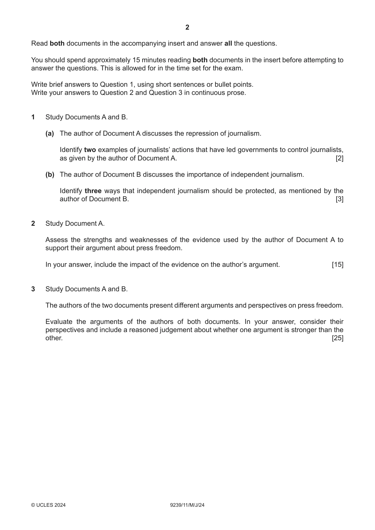 Cambridge A Level Global Perspectives and Research 9239 2024 May/June Paper 1 · Variant 1 question paper, page 2 of 4