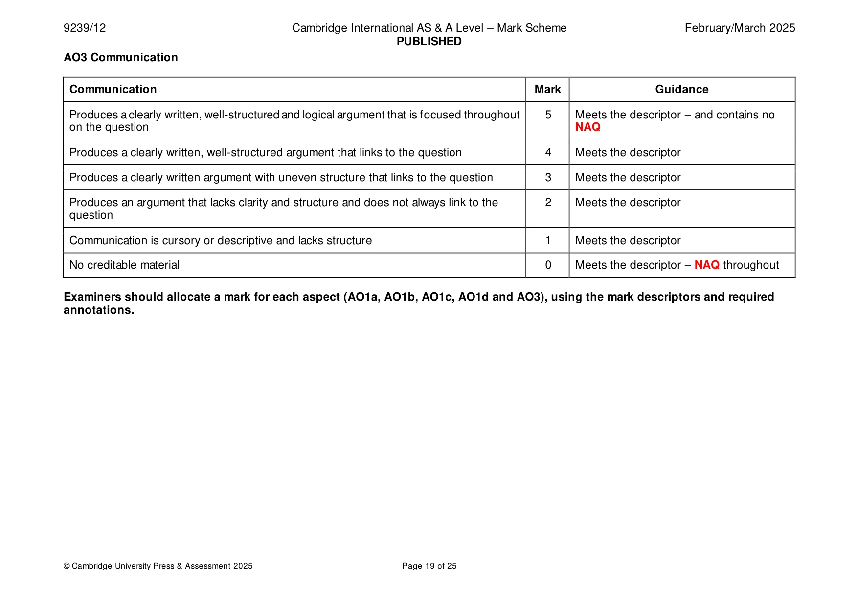 Mark scheme, page 19 of 25