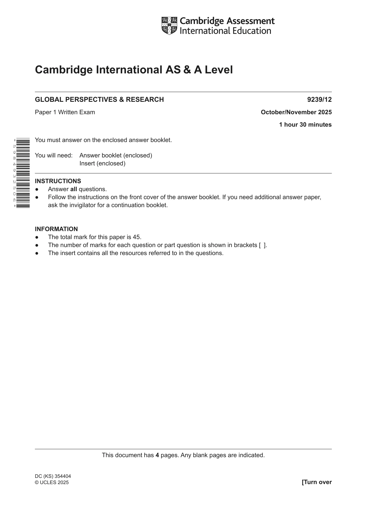 Cambridge A Level Global Perspectives and Research 9239 2025 Oct/Nov Paper 1 · Variant 2 question paper, page 1 of 4