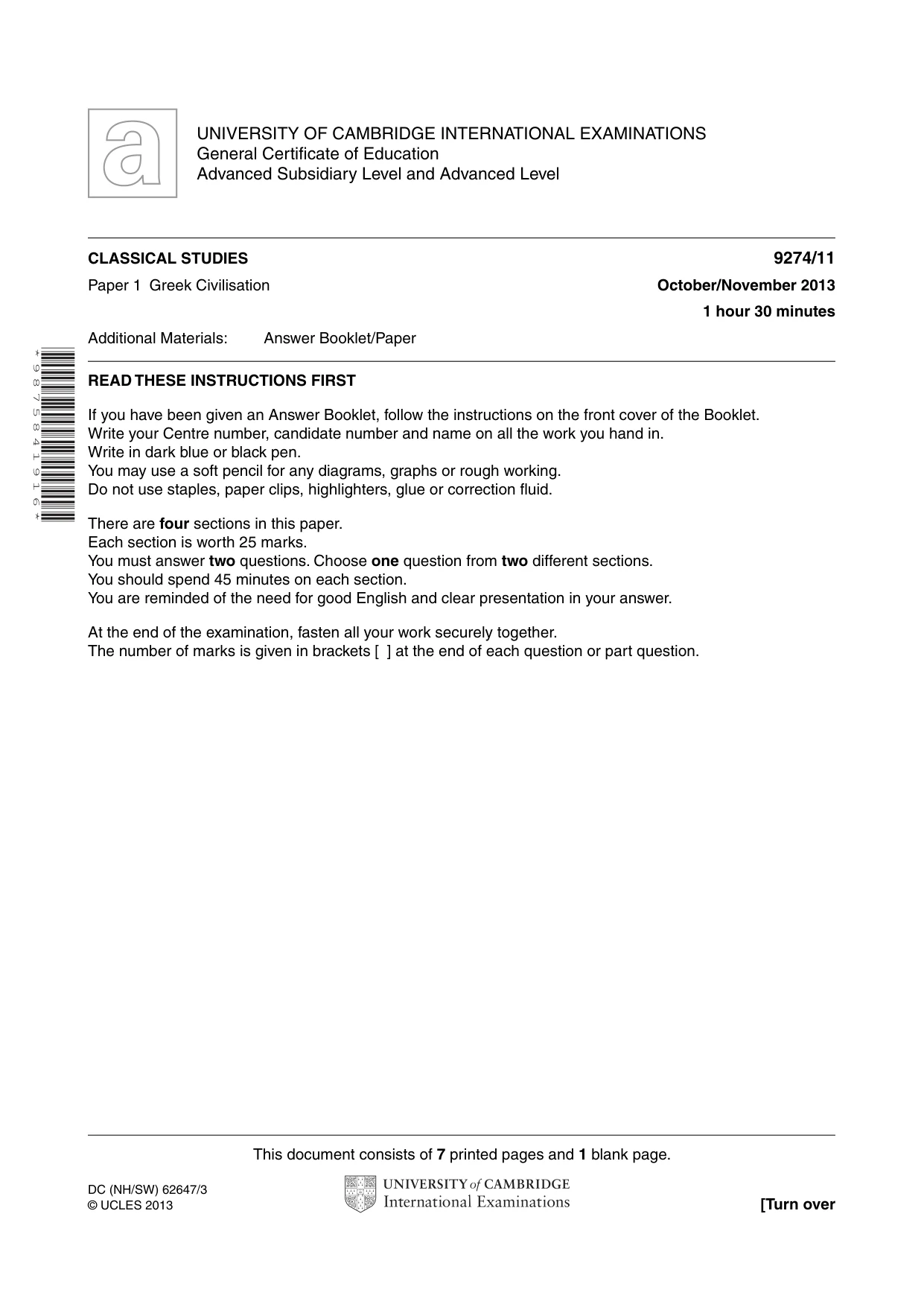 Cambridge A Level Classical Studies 9274 2013 Oct/Nov Paper 1 · Variant 1 question paper, page 1 of 8