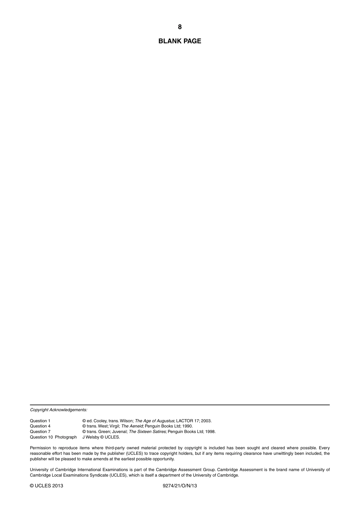 Cambridge A Level Classical Studies 9274 2013 Oct/Nov Paper 2 · Variant 1 question paper, page 8 of 8