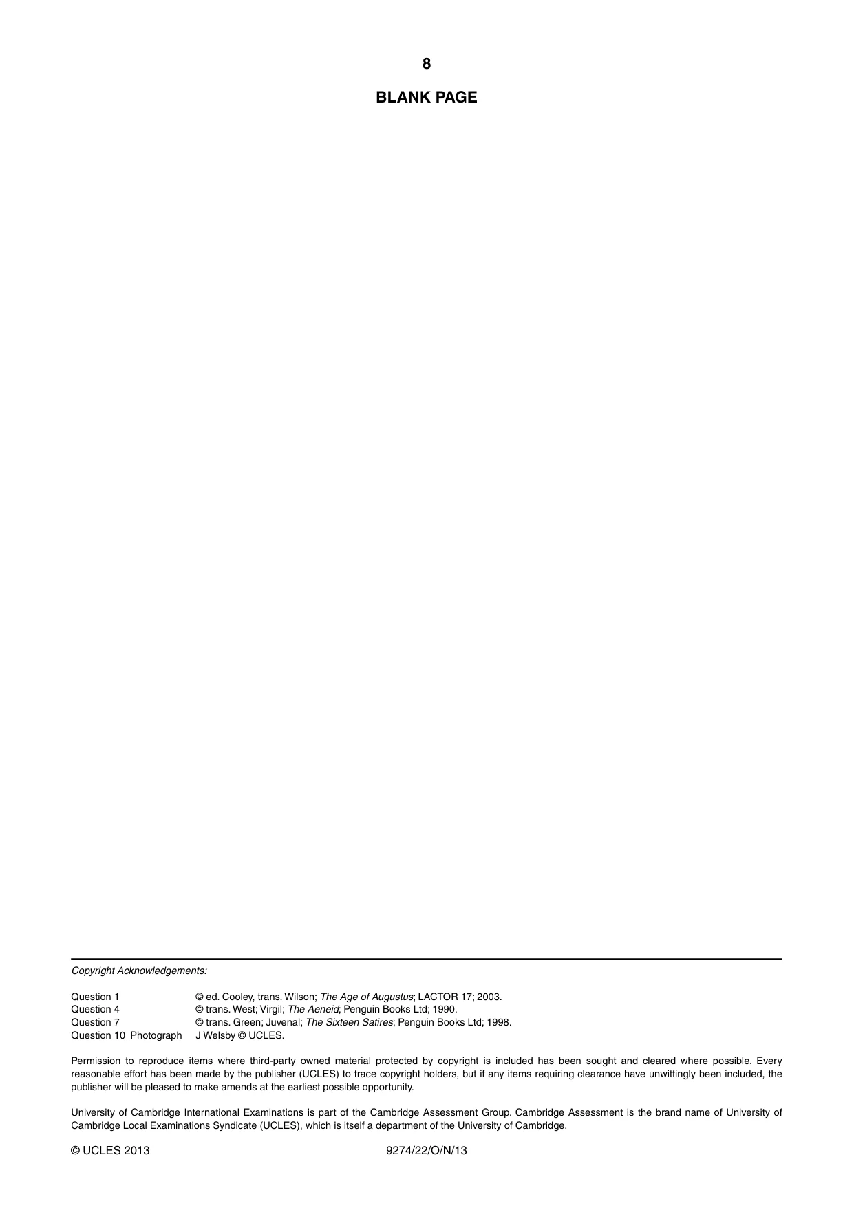 Cambridge A Level Classical Studies 9274 2013 Oct/Nov Paper 2 · Variant 2 question paper, page 8 of 8