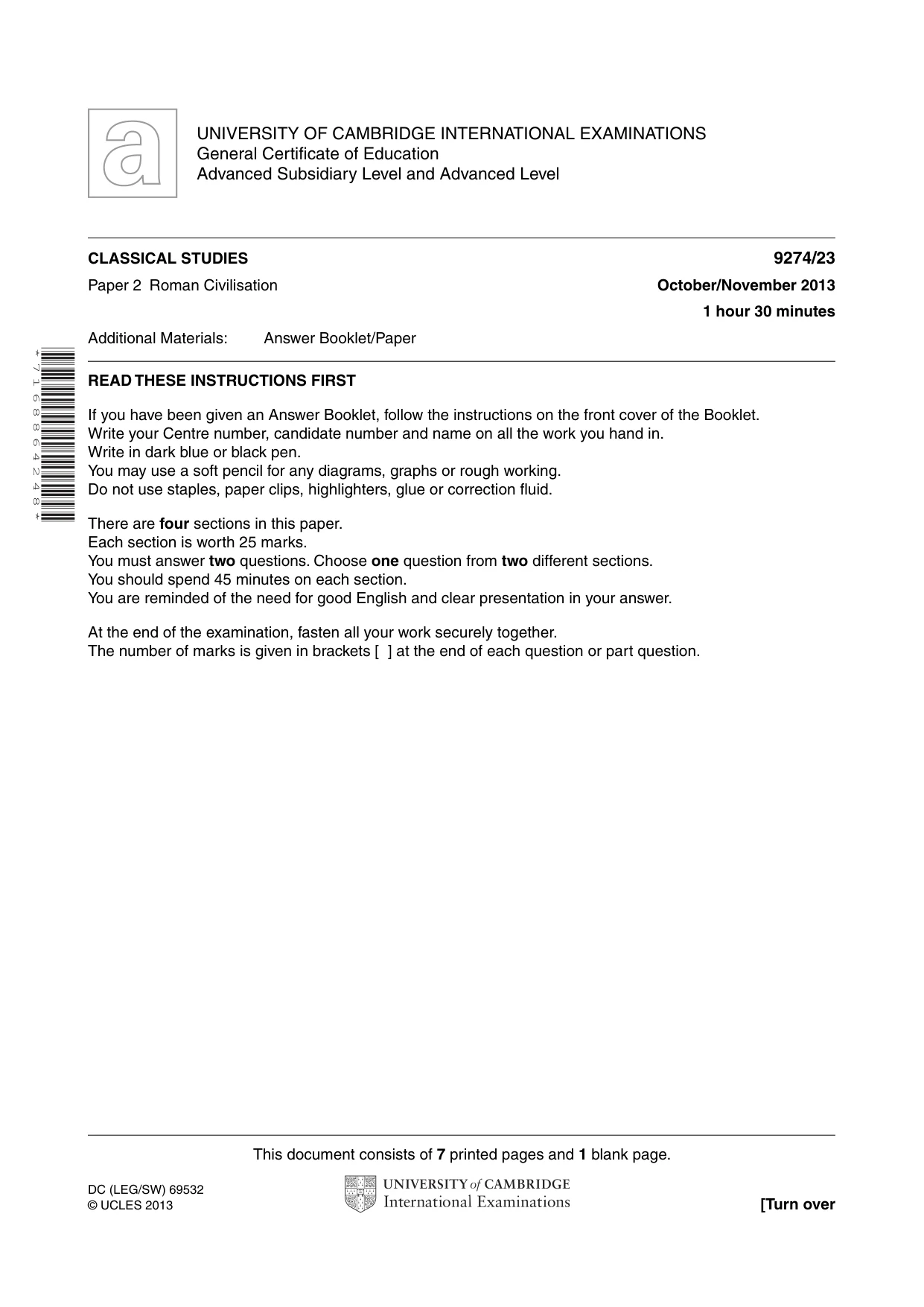 Cambridge A Level Classical Studies 9274 2013 Oct/Nov Paper 2 · Variant 3 question paper, page 1 of 8