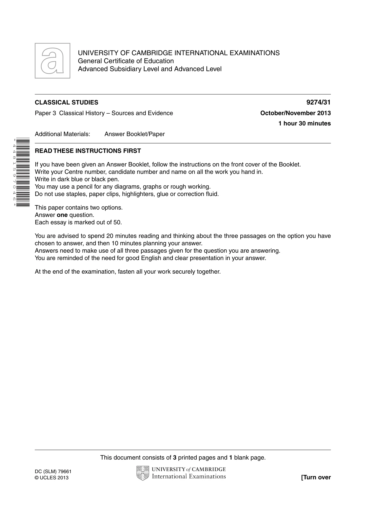 Cambridge A Level Classical Studies 9274 2013 Oct/Nov Paper 3 · Variant 1 question paper, page 1 of 4