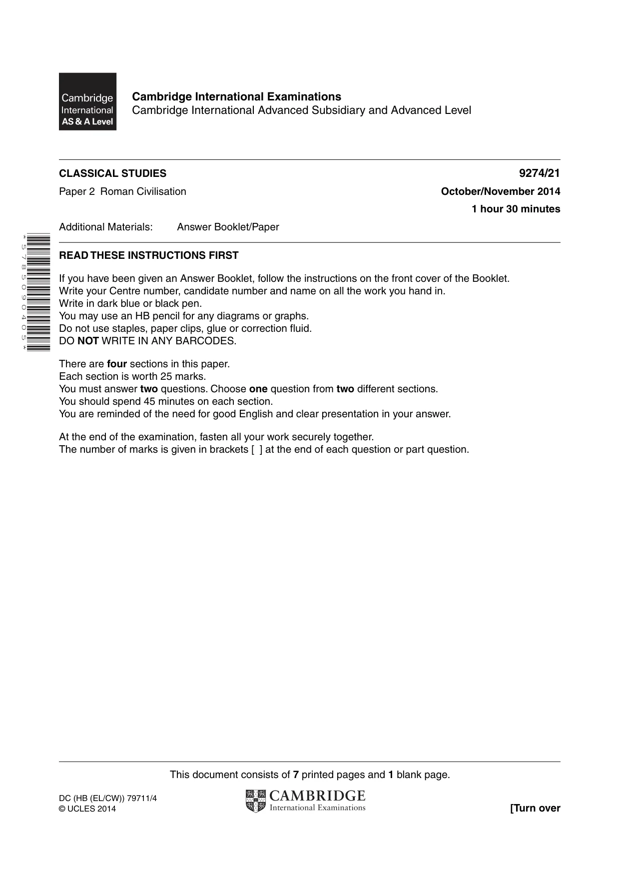 Cambridge A Level Classical Studies 9274 2014 Oct/Nov Paper 2 · Variant 1 question paper, page 1 of 8