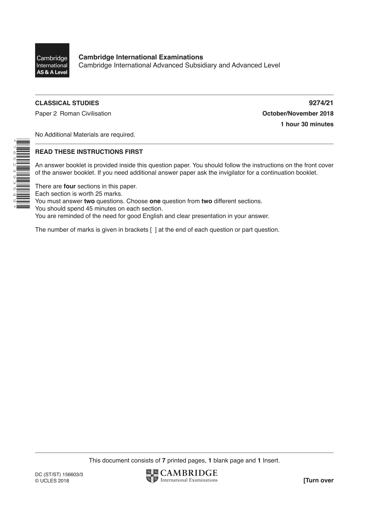 Cambridge A Level Classical Studies 9274 2018 Oct/Nov Paper 2 · Variant 1 question paper, page 1 of 8