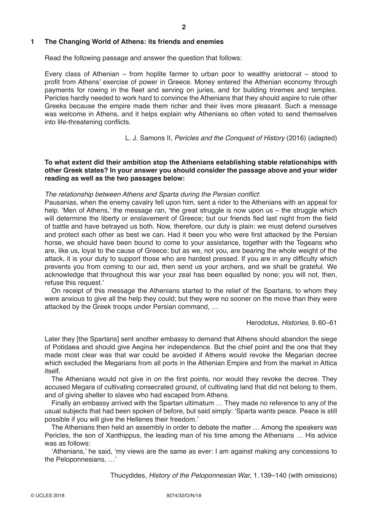 Cambridge A Level Classical Studies 9274 2018 Oct/Nov Paper 3 · Variant 2 question paper, page 2 of 4