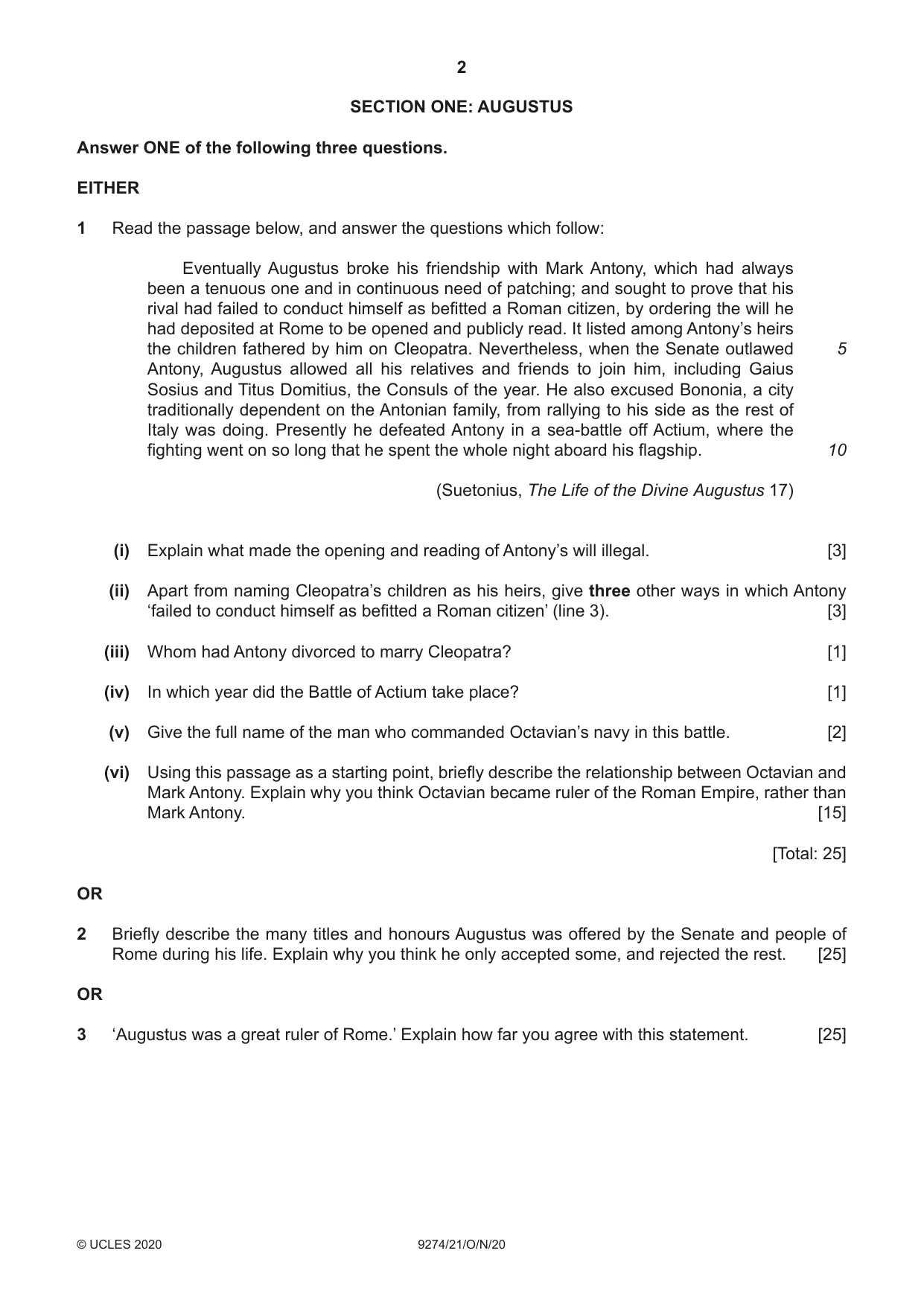 Cambridge A Level Classical Studies 9274 2020 Oct/Nov Paper 2 · Variant 1 question paper, page 2 of 8
