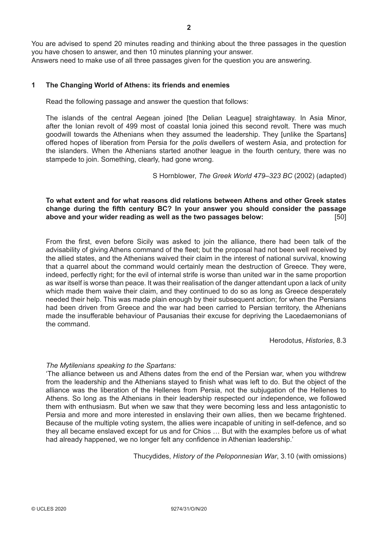 Cambridge A Level Classical Studies 9274 2020 Oct/Nov Paper 3 · Variant 1 question paper, page 2 of 4