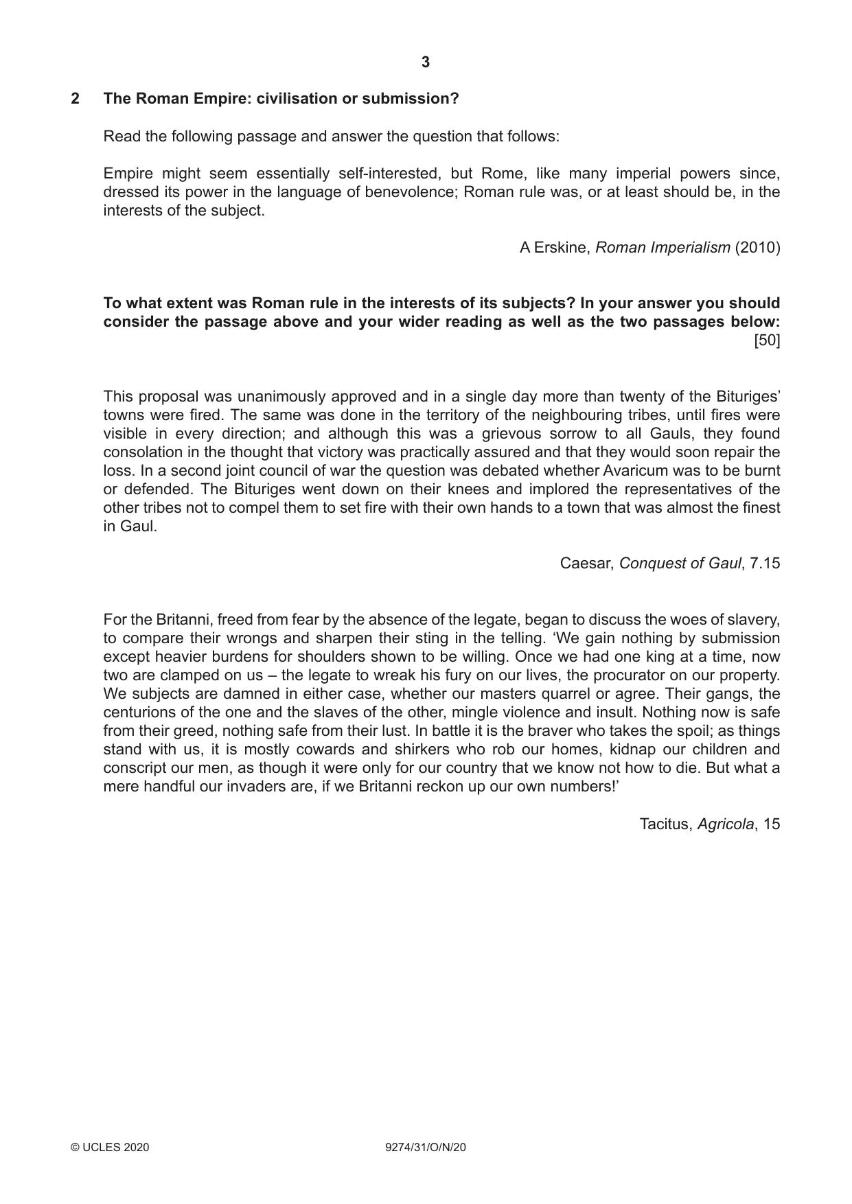 Cambridge A Level Classical Studies 9274 2020 Oct/Nov Paper 3 · Variant 1 question paper, page 3 of 4