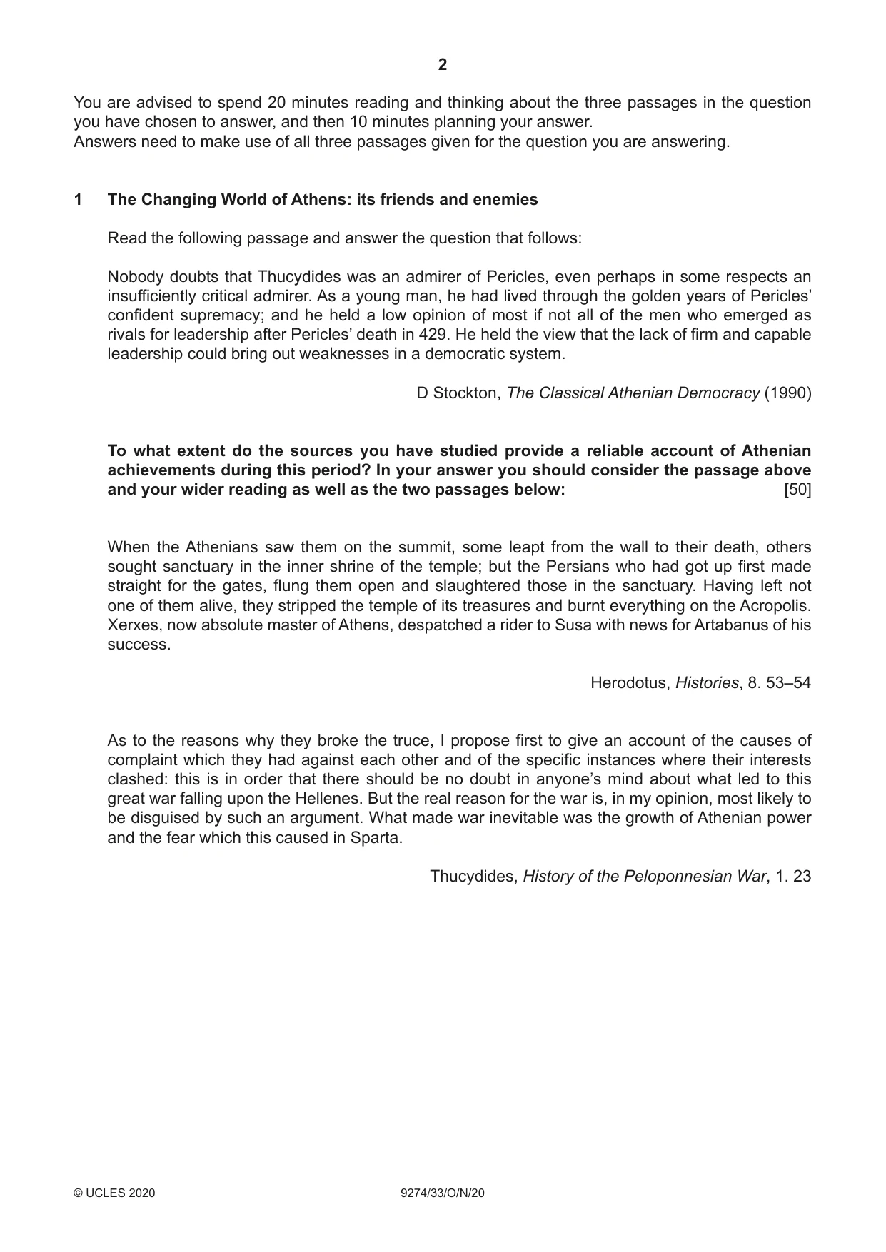 Cambridge A Level Classical Studies 9274 2020 Oct/Nov Paper 3 · Variant 3 question paper, page 2 of 4