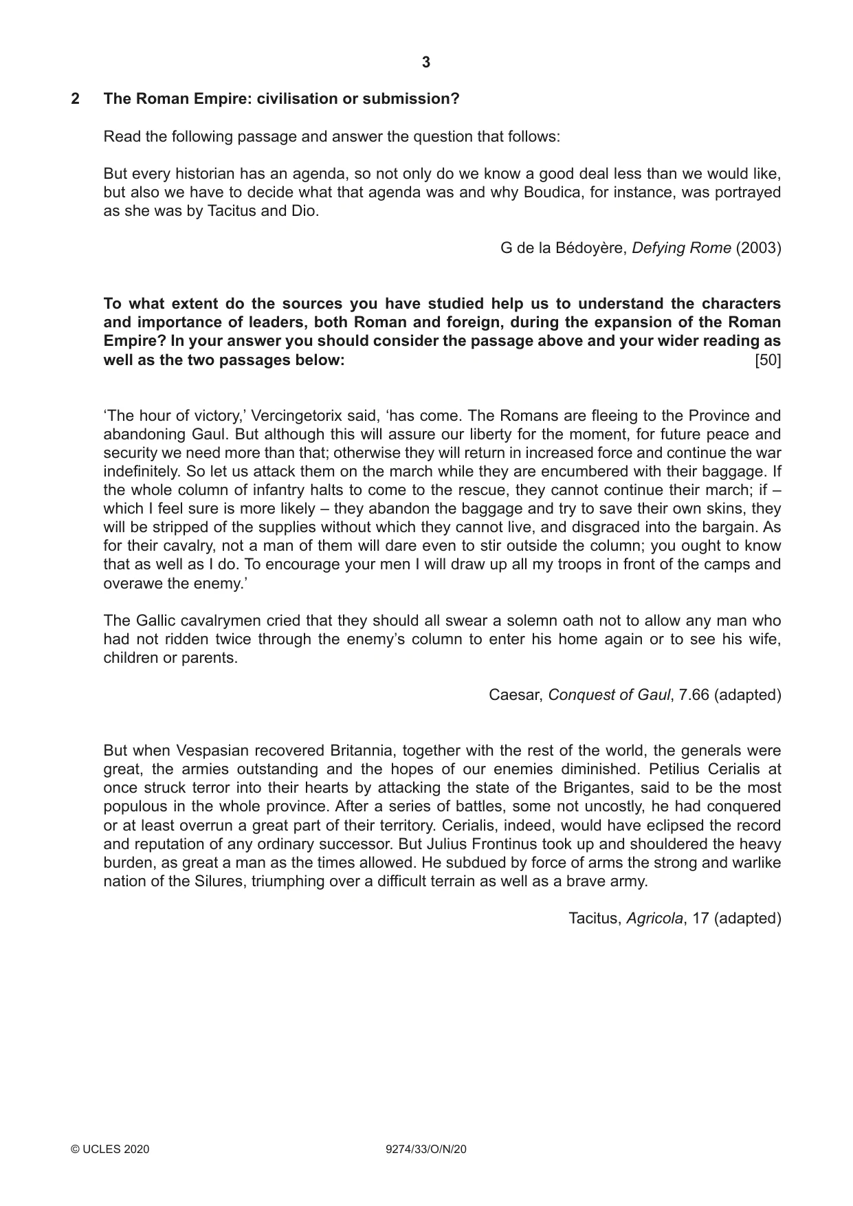 Cambridge A Level Classical Studies 9274 2020 Oct/Nov Paper 3 · Variant 3 question paper, page 3 of 4