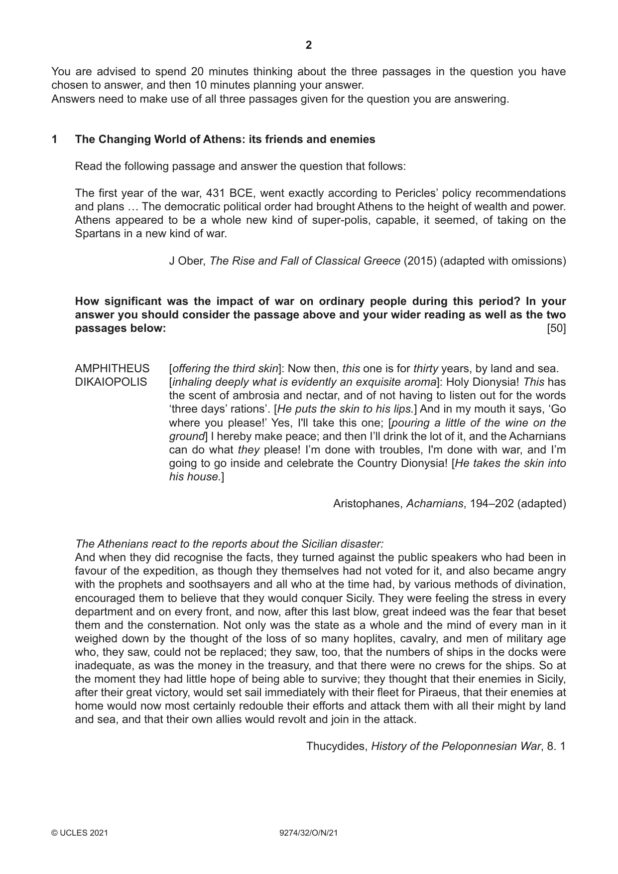 Cambridge A Level Classical Studies 9274 2021 Oct/Nov Paper 3 · Variant 2 question paper, page 2 of 4
