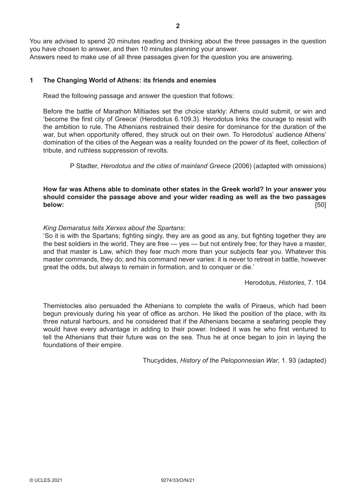 Cambridge A Level Classical Studies 9274 2021 Oct/Nov Paper 3 · Variant 3 question paper, page 2 of 4
