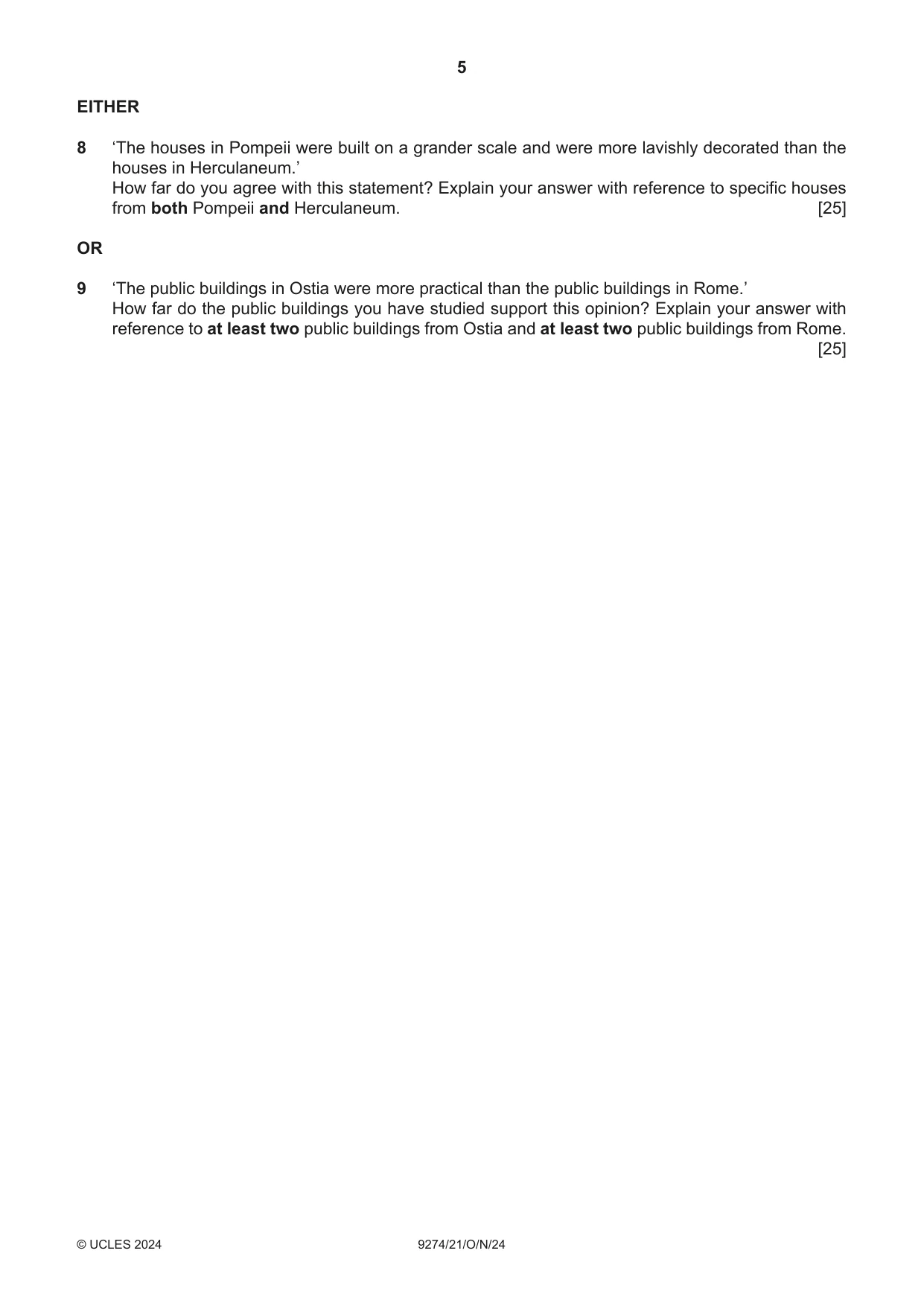 Cambridge A Level Classical Studies 9274 2024 Oct/Nov Paper 2 · Variant 1 question paper, page 5 of 8