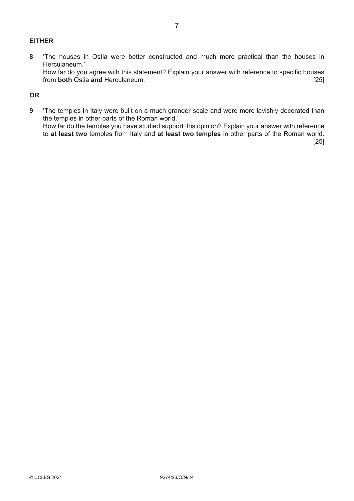 Cambridge A Level Classical Studies 9274 2024 Oct/Nov Paper 2 · Variant 3 question paper, page 7 of 8