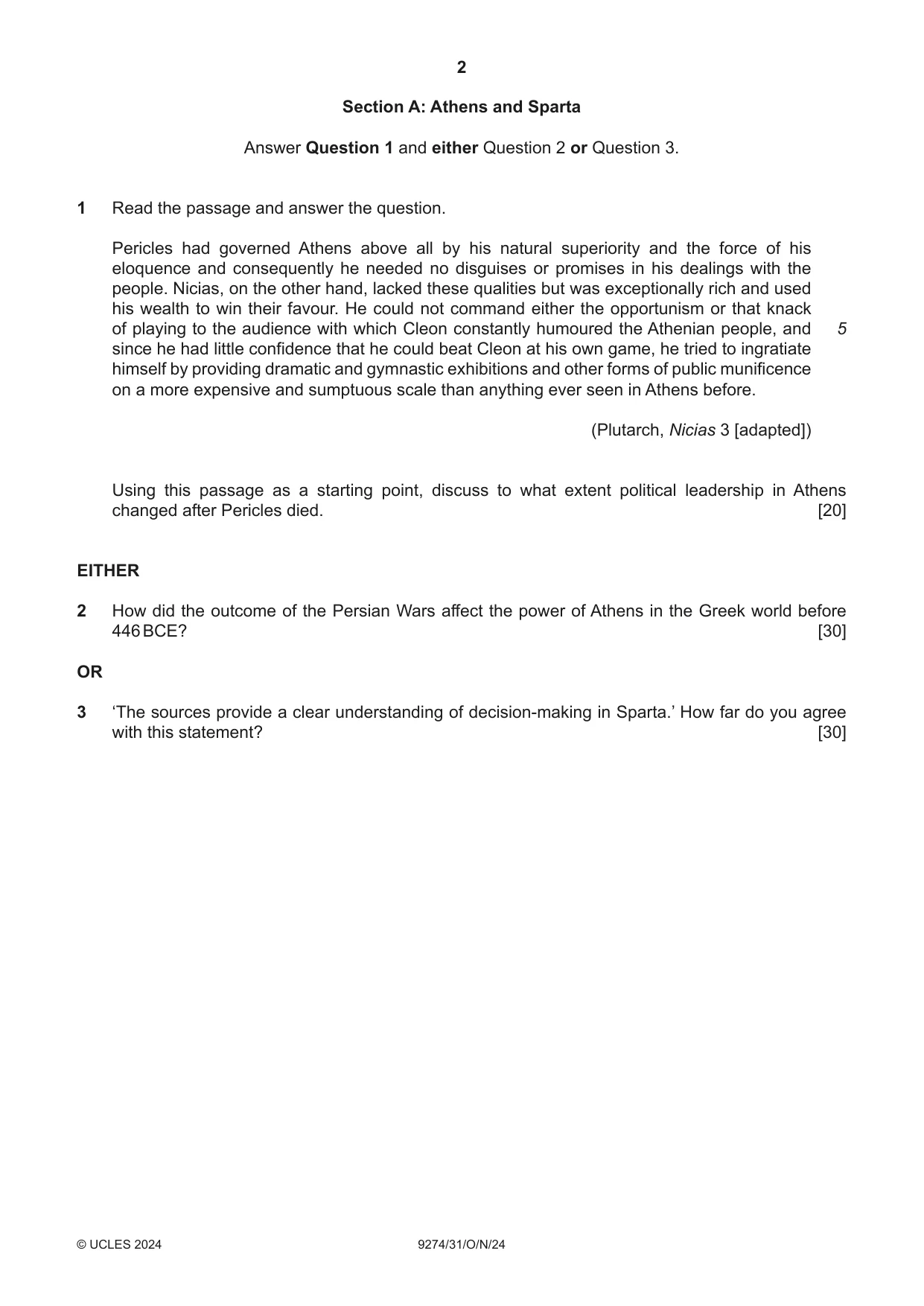 Cambridge A Level Classical Studies 9274 2024 Oct/Nov Paper 3 · Variant 1 question paper, page 2 of 4