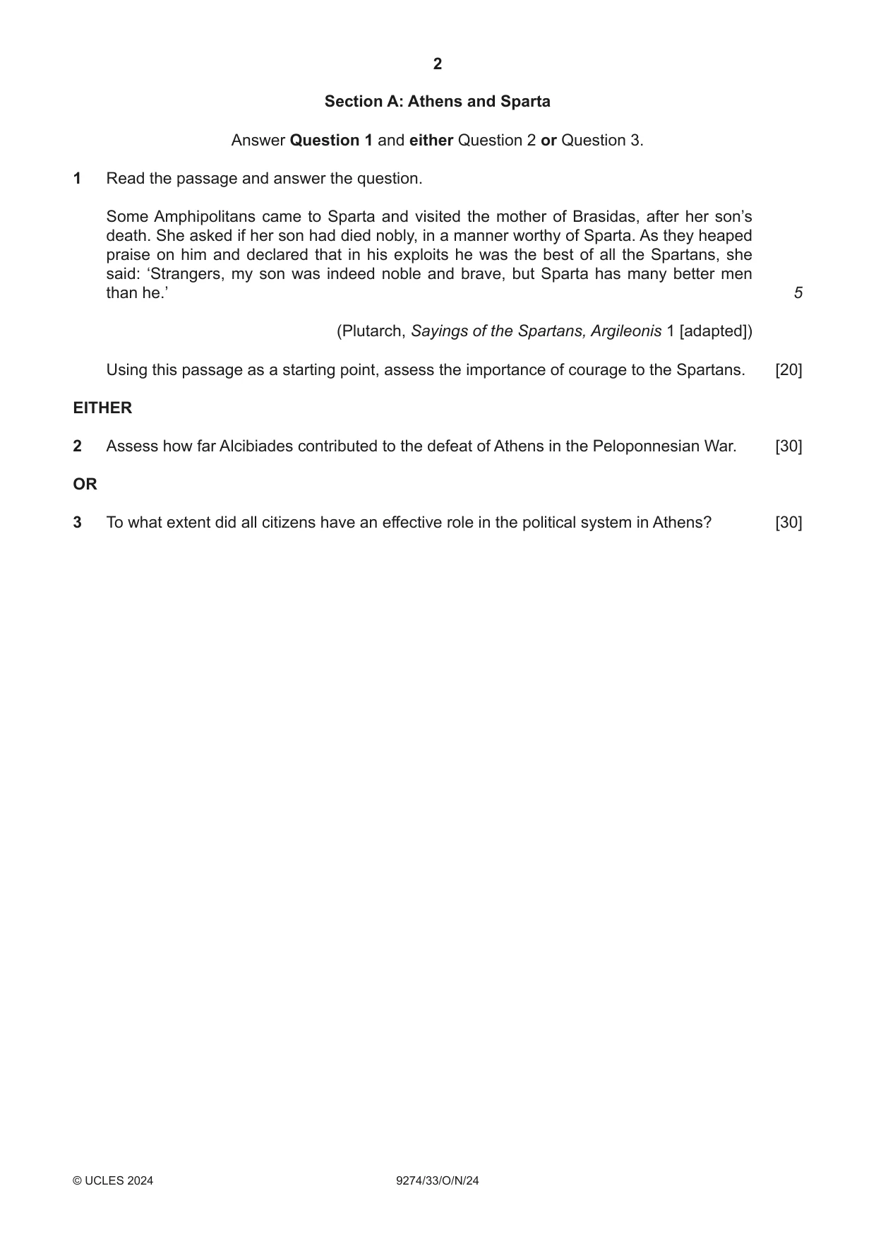 Cambridge A Level Classical Studies 9274 2024 Oct/Nov Paper 3 · Variant 3 question paper, page 2 of 4