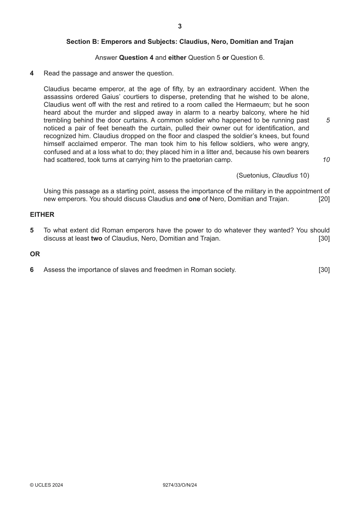 Cambridge A Level Classical Studies 9274 2024 Oct/Nov Paper 3 · Variant 3 question paper, page 3 of 4