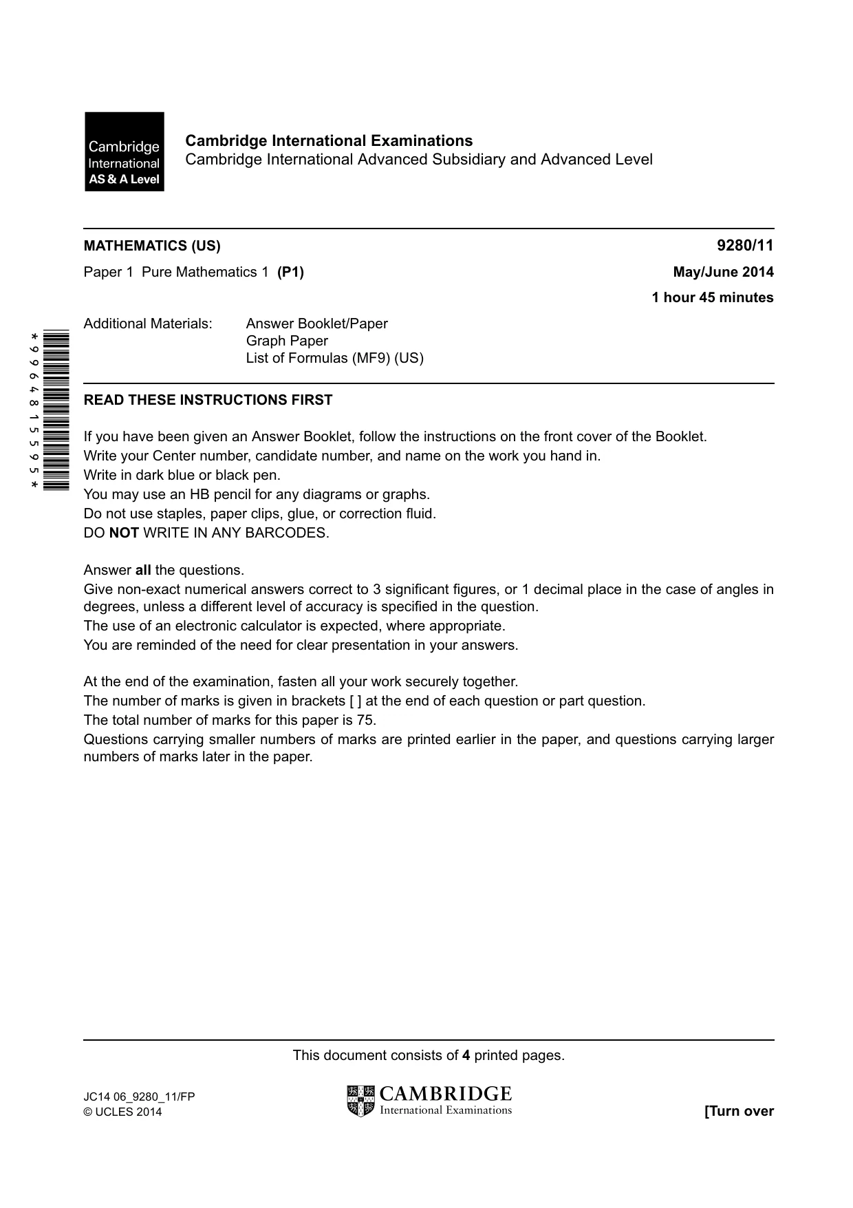 Cambridge A Level Mathematics (US) 9280 2014 May/June Paper 1 · Variant 1 question paper, page 1 of 4