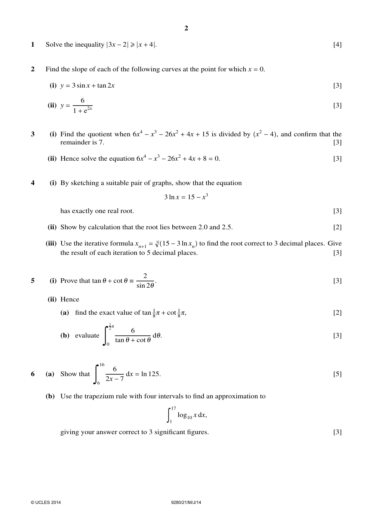 Cambridge A Level Mathematics (US) 9280 2014 May/June Paper 2 · Variant 1 question paper, page 2 of 4