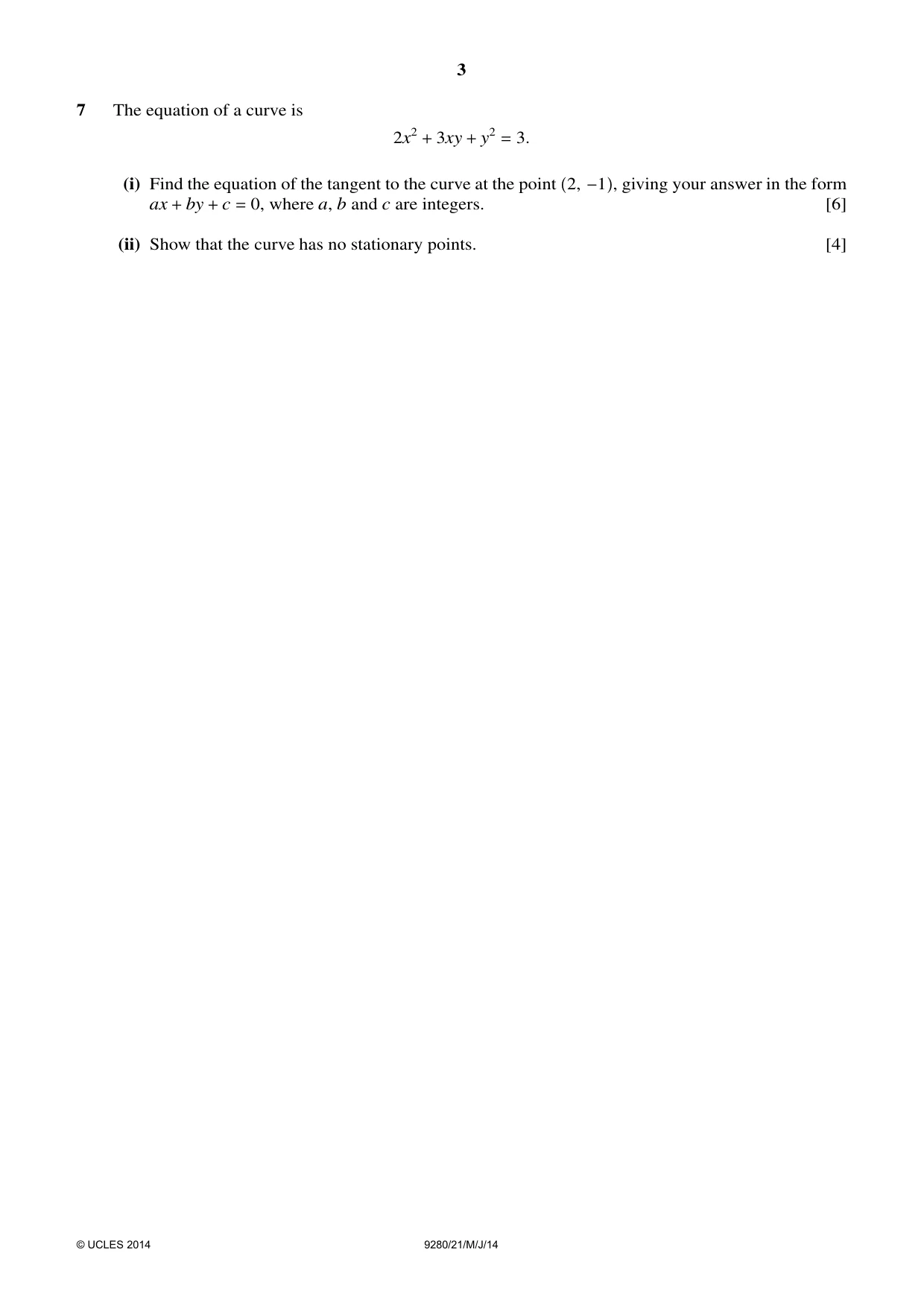 Cambridge A Level Mathematics (US) 9280 2014 May/June Paper 2 · Variant 1 question paper, page 3 of 4